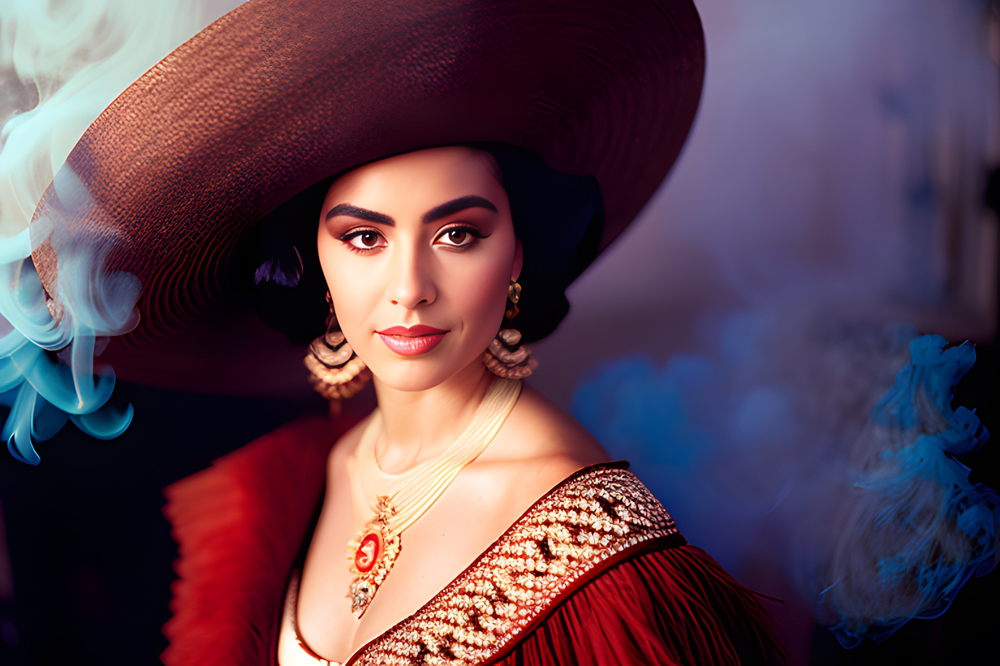 Woman in large brown hat and red dress with ornate jewelry, posed against a smoky background.