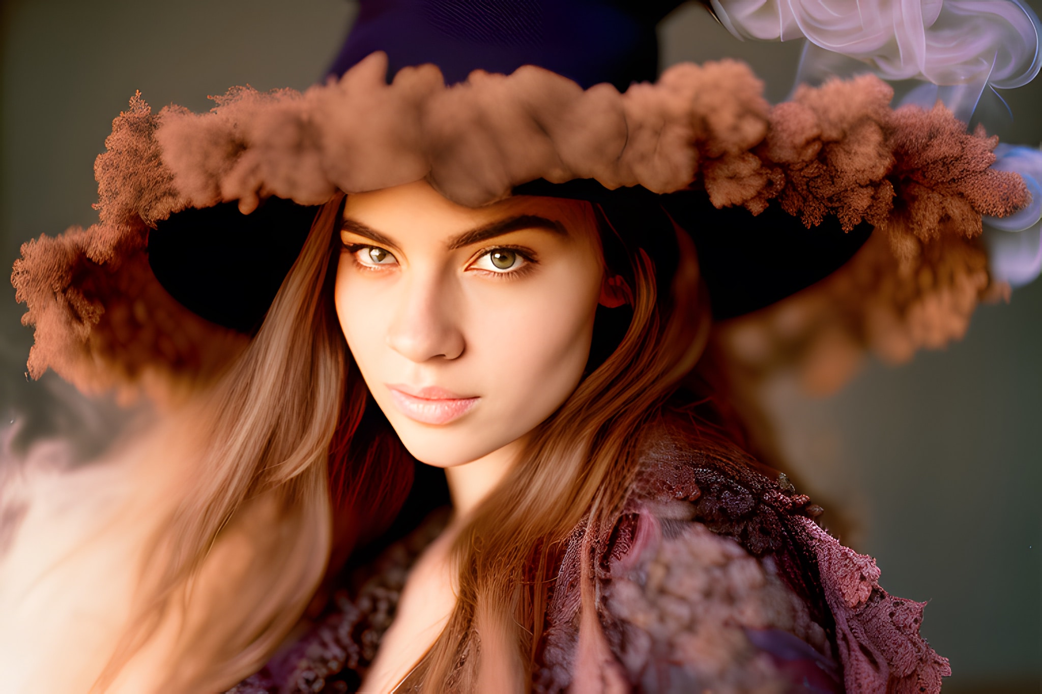 Woman with long brown hair wearing a large, dark hat with brown smoke-like accents.
