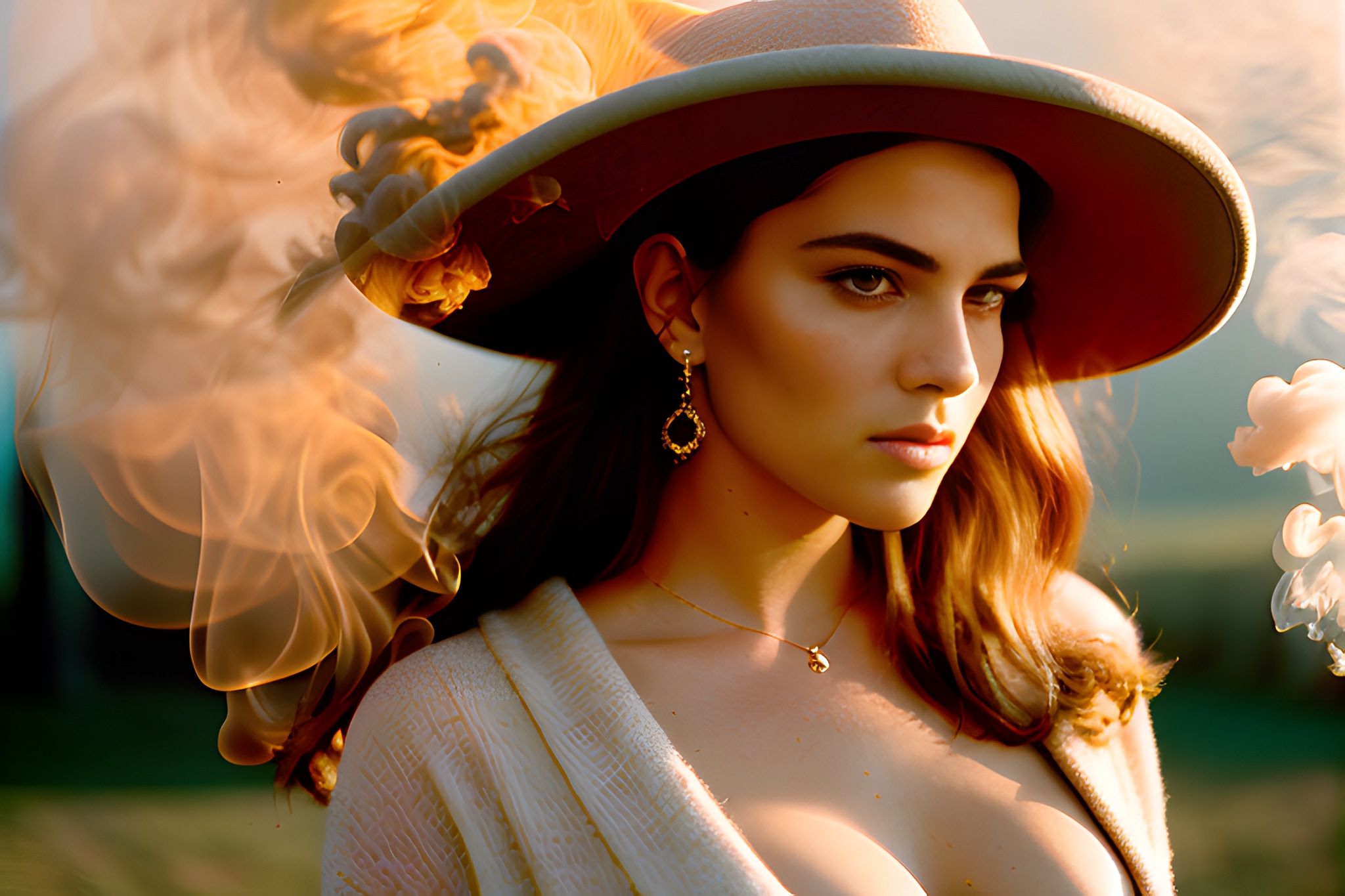 Woman with long hair wearing large hat and gold jewelry, surrounded by stylized smoke.