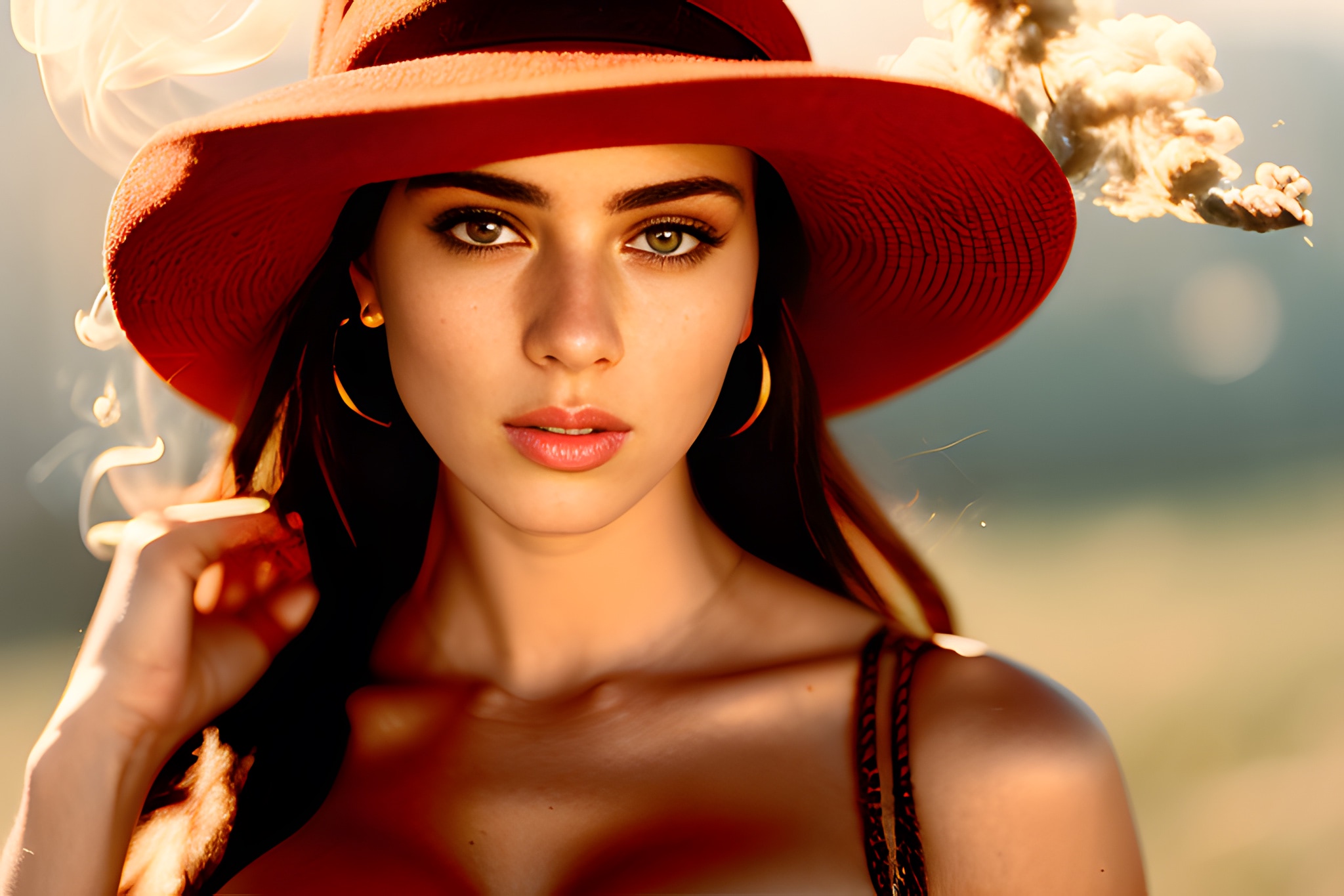 Woman with long brown hair wearing a large red hat and gold hoop earrings.