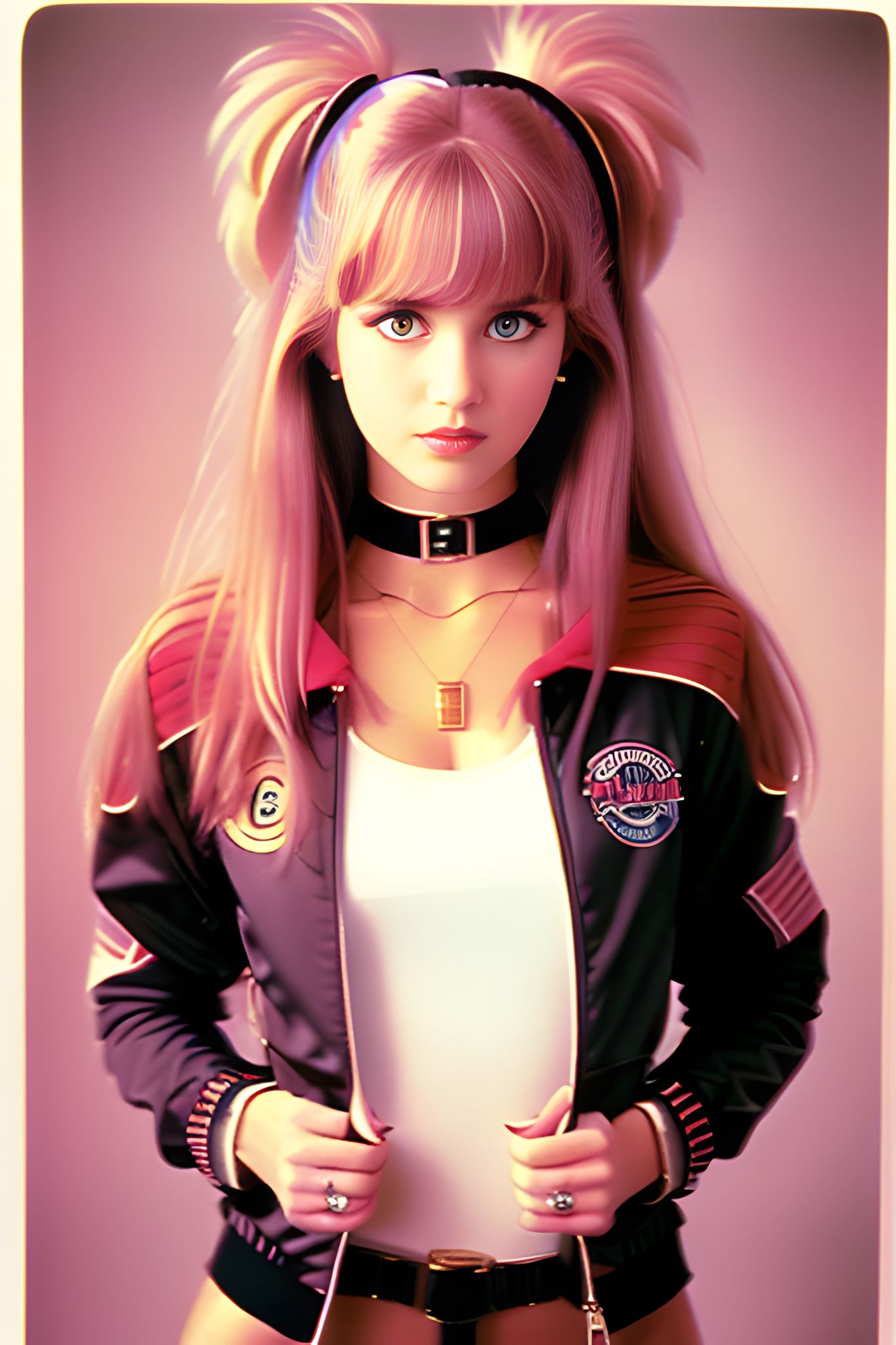 Anime-style girl with pink hair in pigtails, wearing a black jacket and white top.