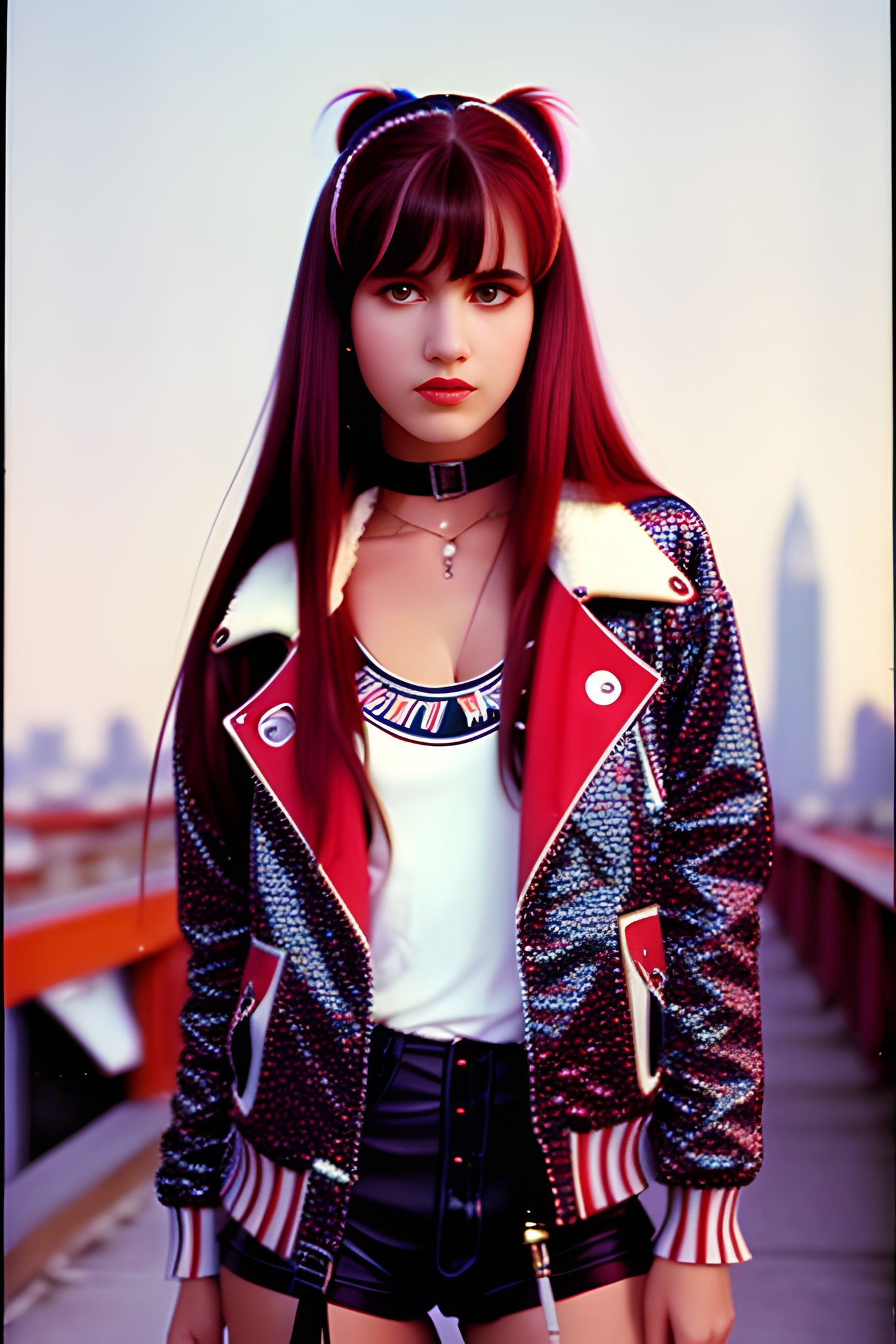 Portrait of a girl with long, red hair, bangs, and a red and black jacket.