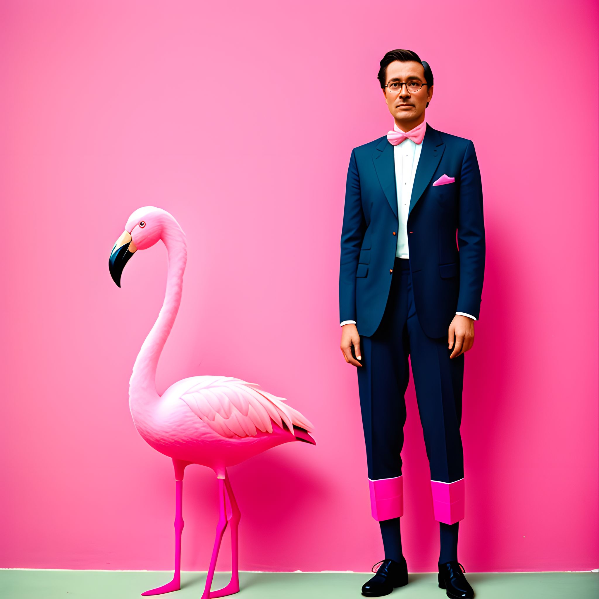 A man in a suit and pink bow tie stands next to a pink flamingo against a pink background.