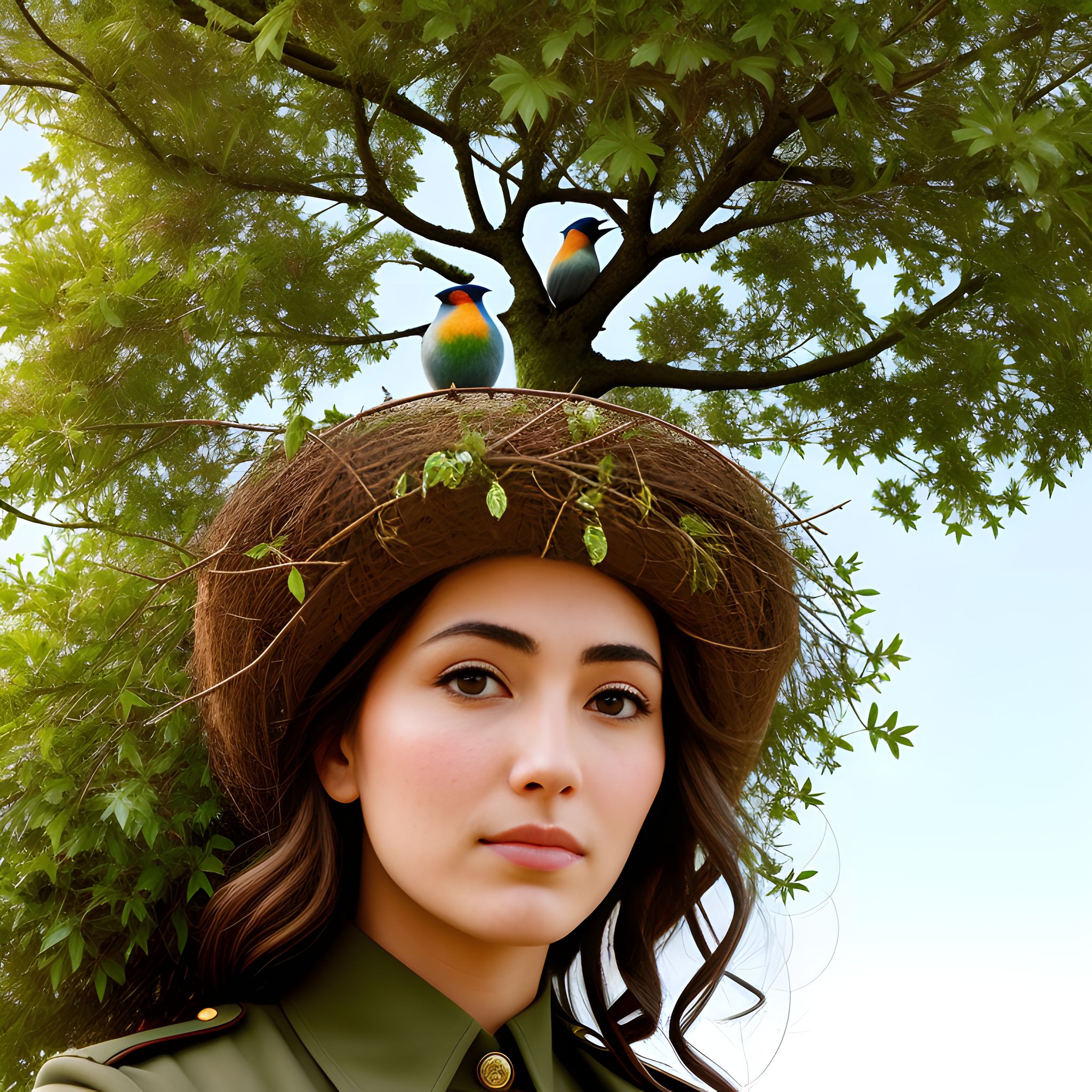 Woman with a bird's nest and tree on her head.