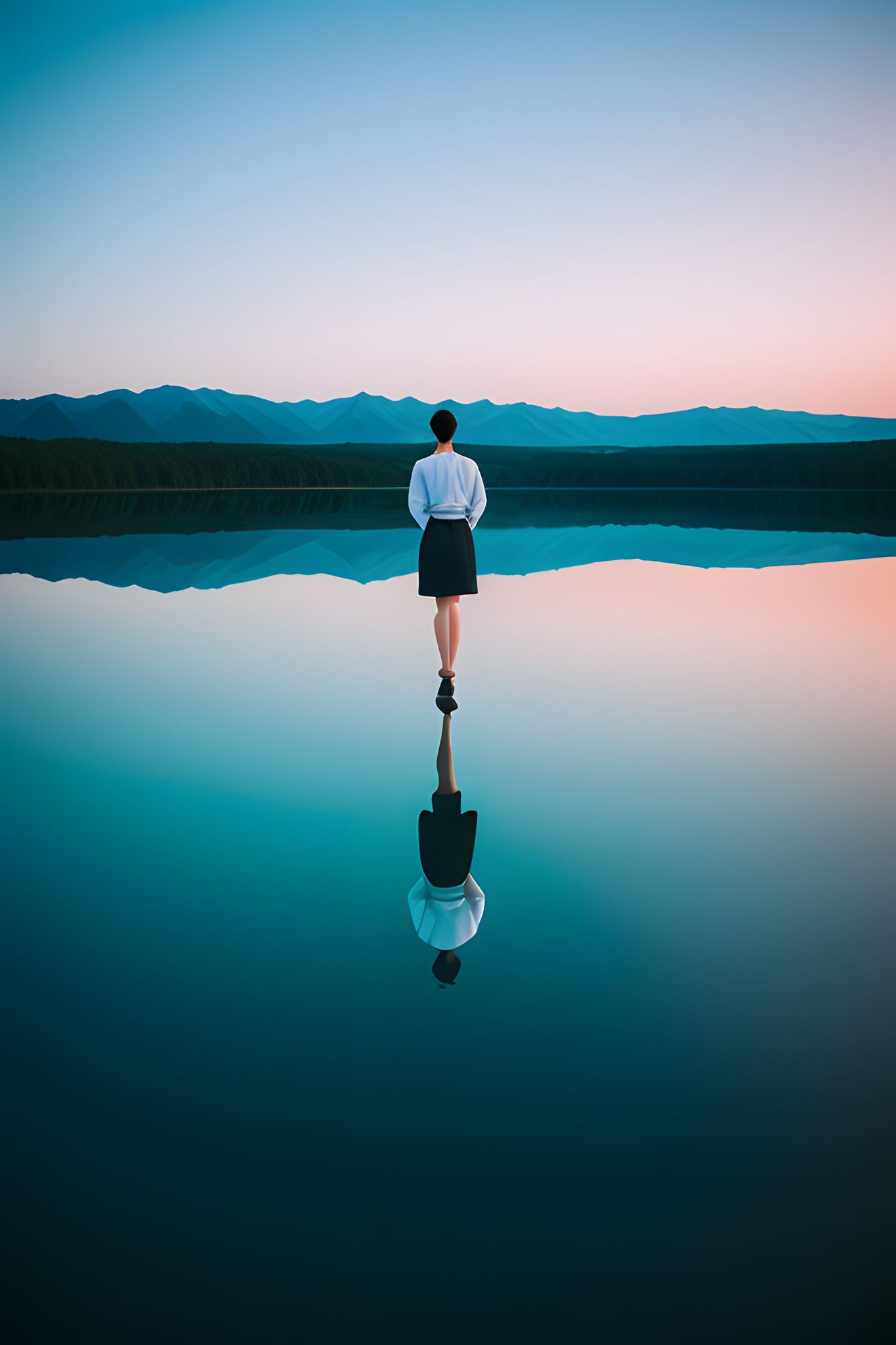 Woman standing by calm lake reflecting mountains at sunset.