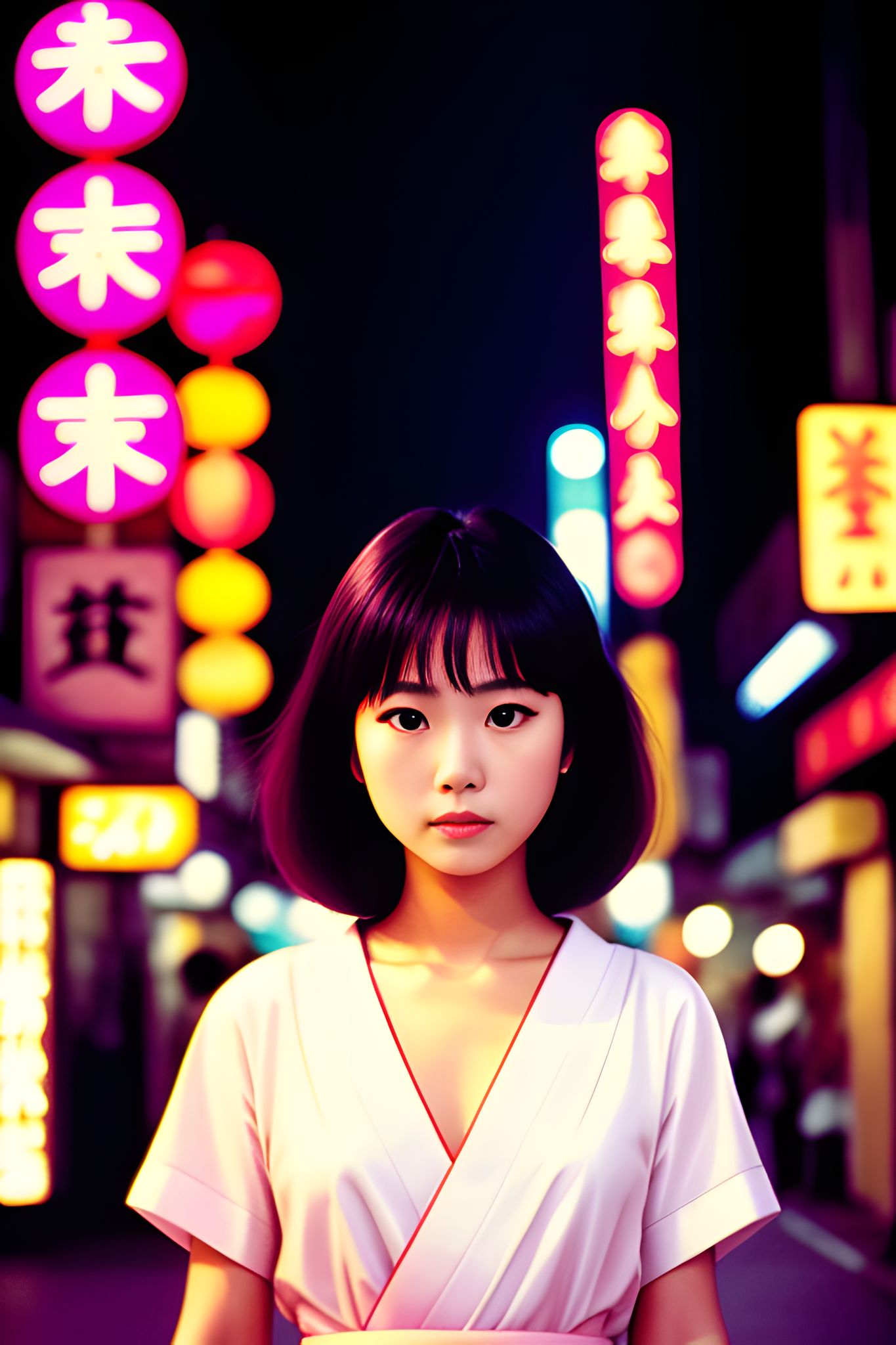Young woman with short dark hair, wearing a light pink kimono, standing in a brightly lit Asian street at night.