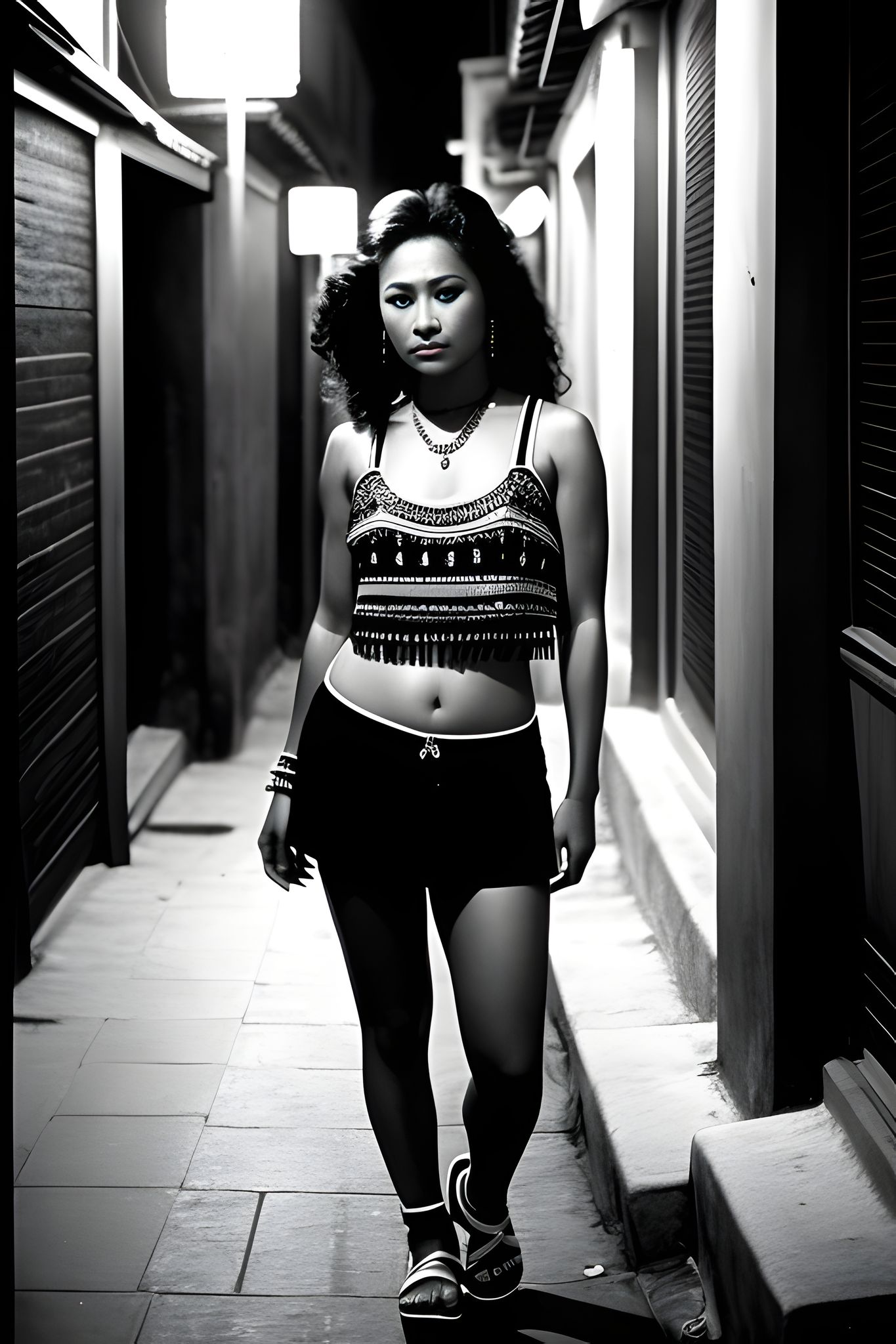 Black and white photo of a Maori woman in a cropped top and shorts standing in a dimly lit alleyway.
