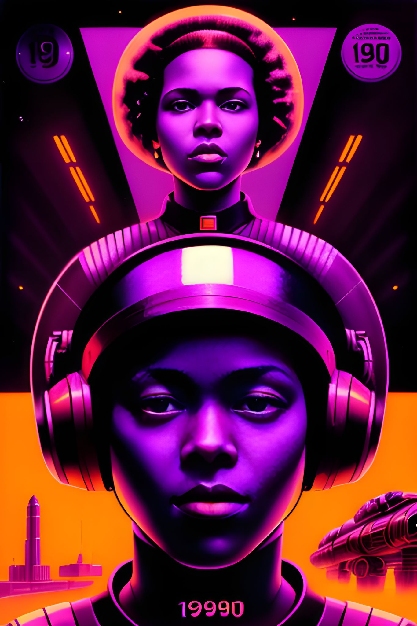 Album cover art: portrait of a Black woman in a futuristic helmet and headphones, overlaid on a portrait of a similar woman without a helmet.