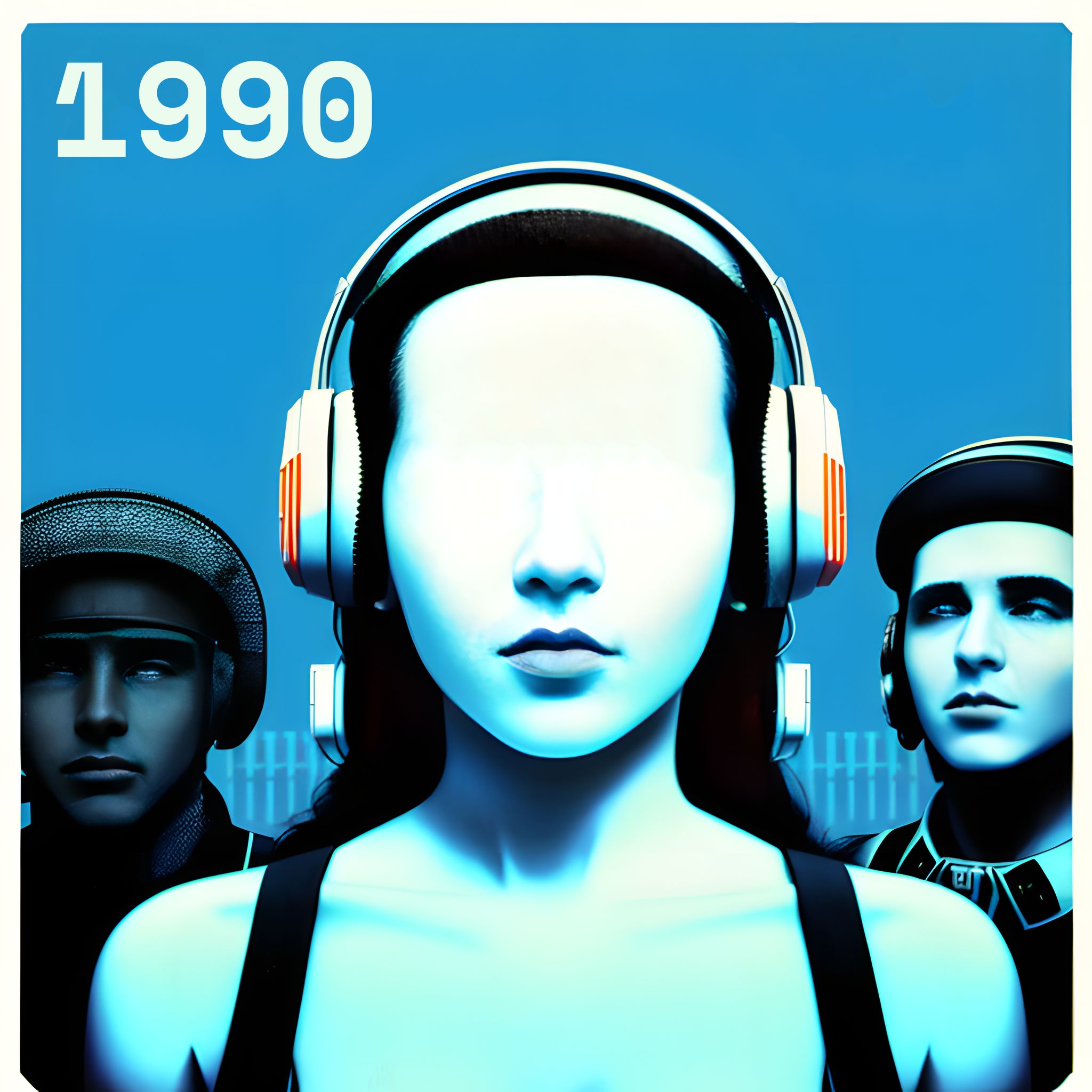 1990 album cover featuring a virtual idol wearing headphones flanked by two figures.