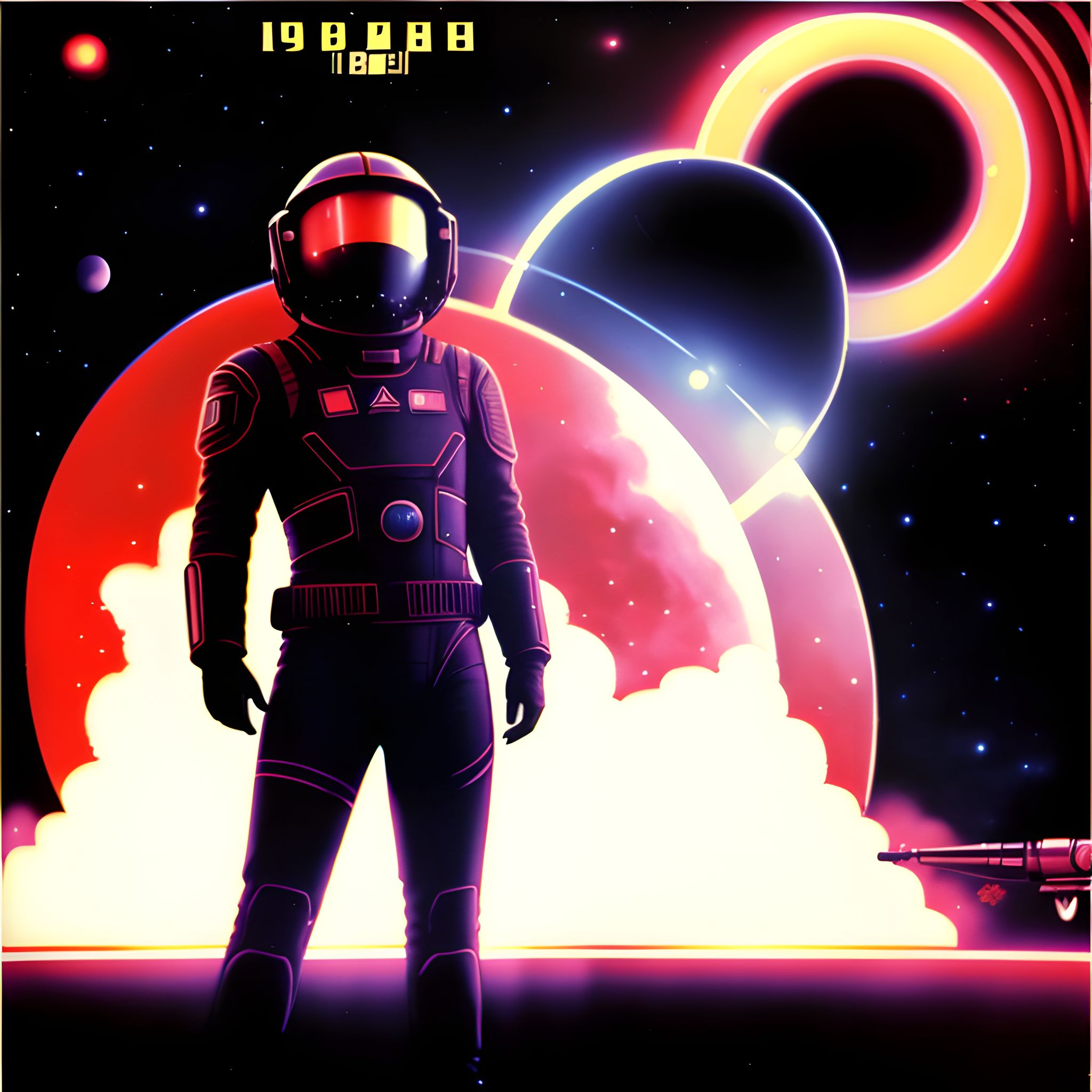 Album cover featuring an astronaut in a retro-futuristic spacesuit against a backdrop of planets and nebulae.