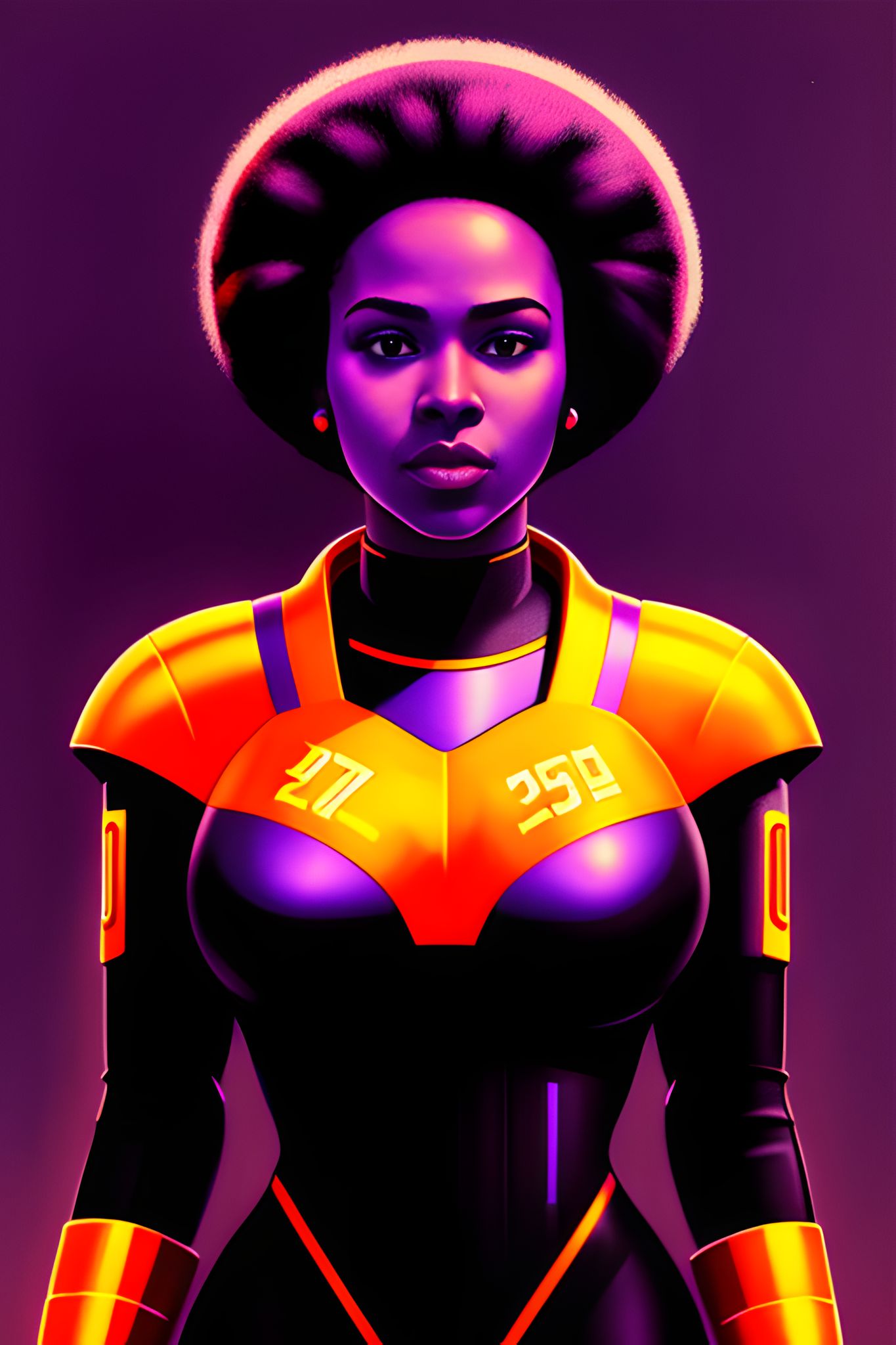 Portrait of a Black woman with an afro wearing a futuristic, orange and purple suit.