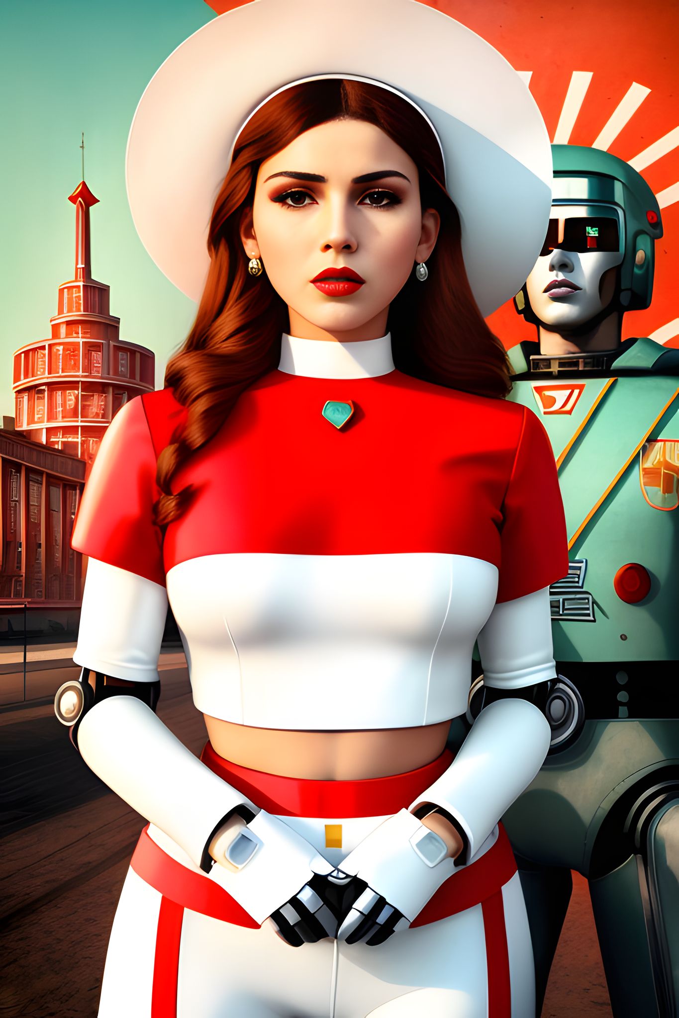 Portrait of a woman in a red and white outfit and large white hat standing next to a robot.
