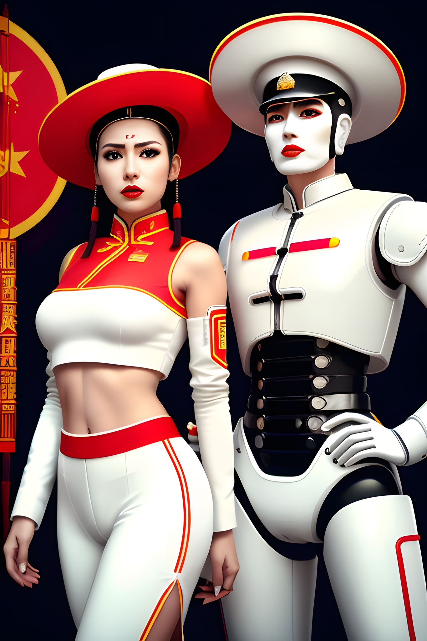Portrait of a woman in a red and white Chinese-inspired outfit and a robotic woman in a similar outfit, both standing side-by-side.