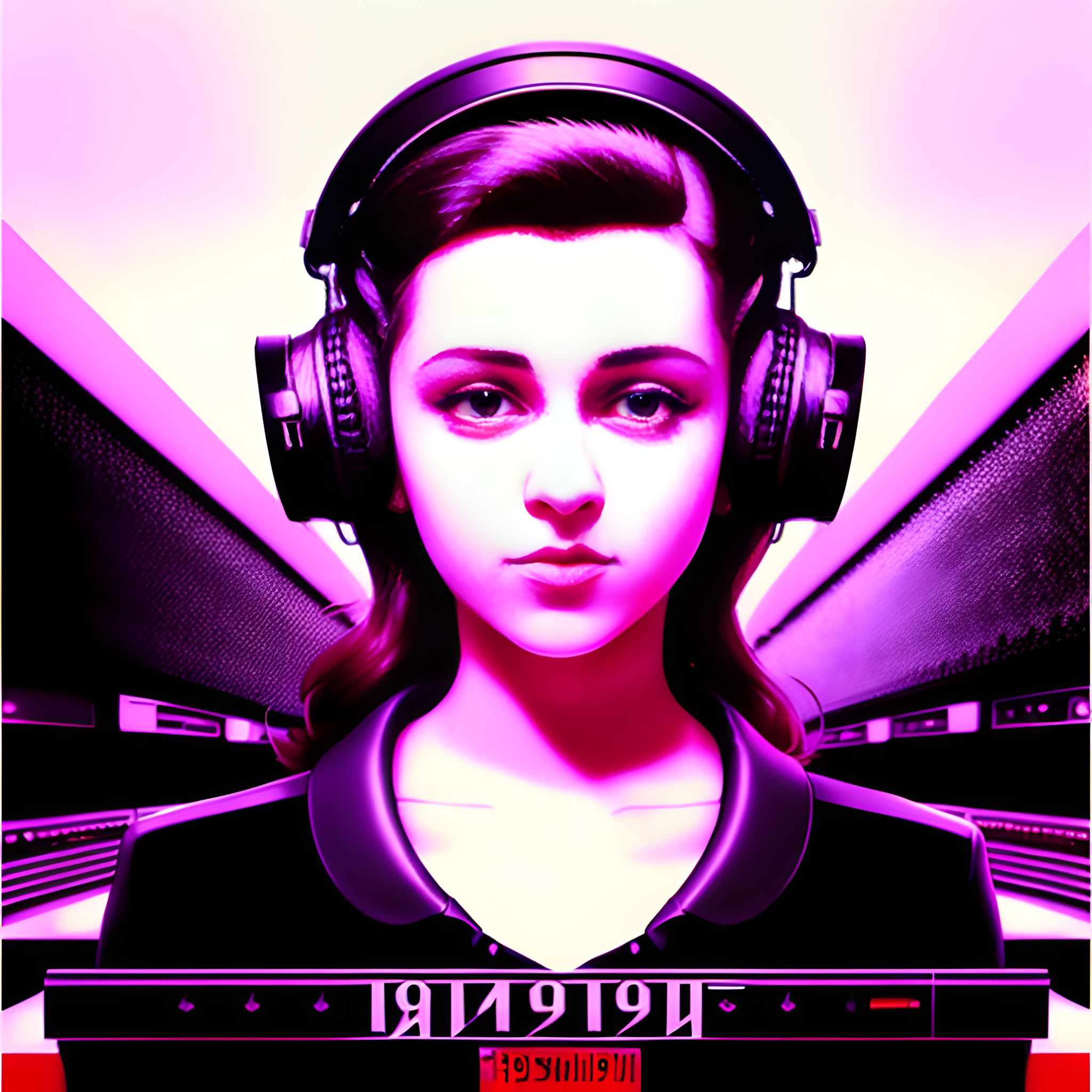 Portrait of a woman wearing headphones, album cover art.