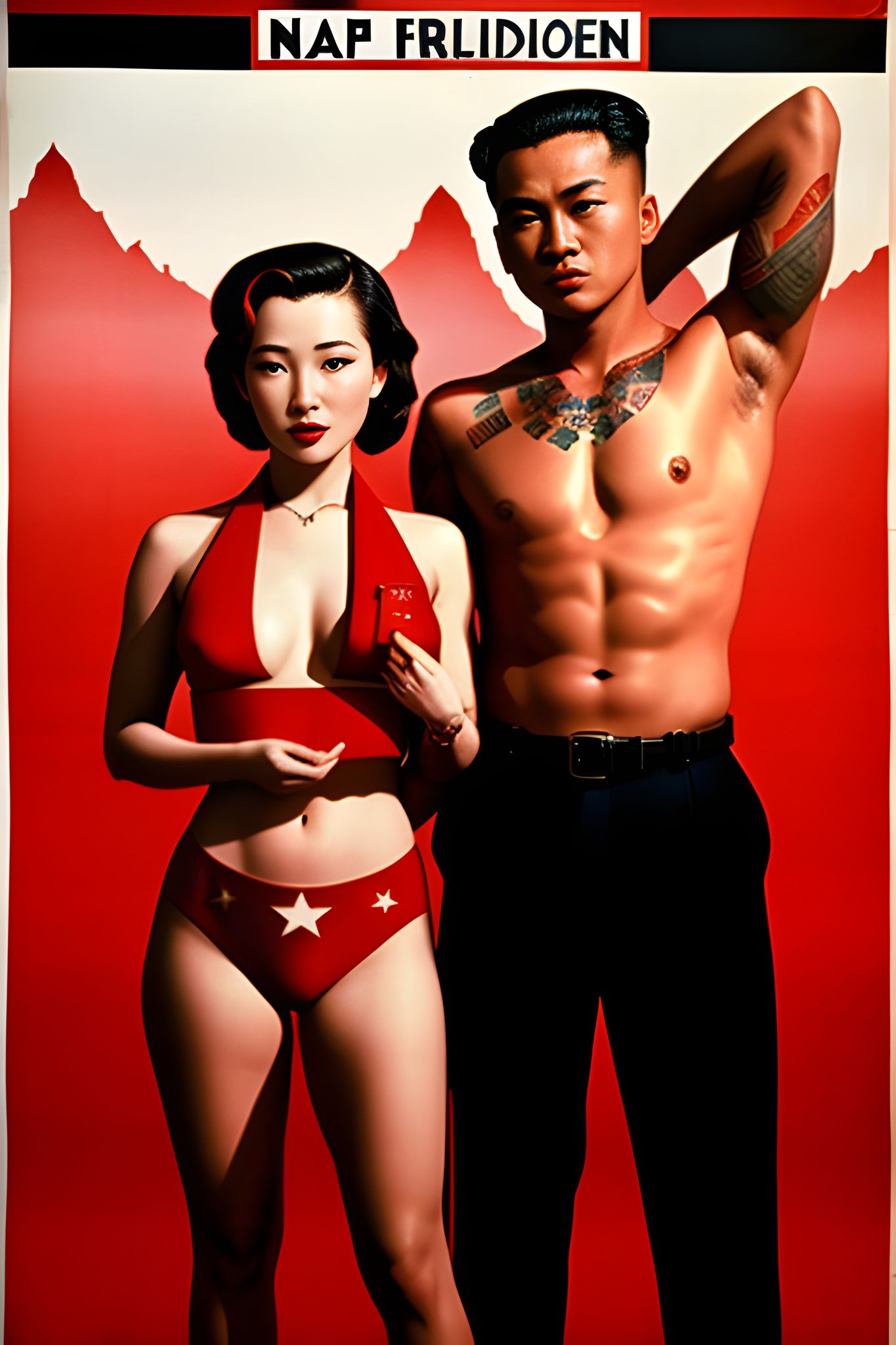 A topless tattooed man and a woman in a red bikini stand together against a red background.