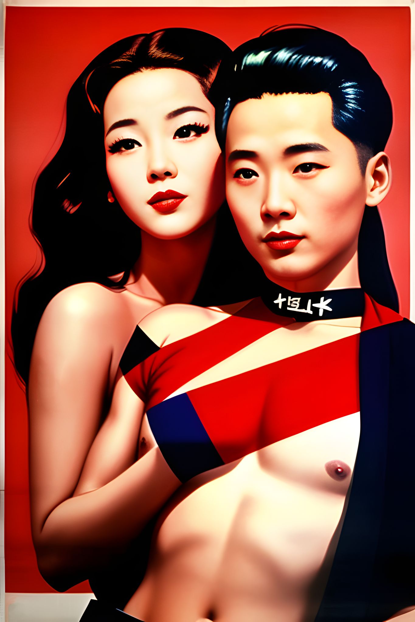 Painting of a topless tattooed man and a woman with dark hair against a red background.