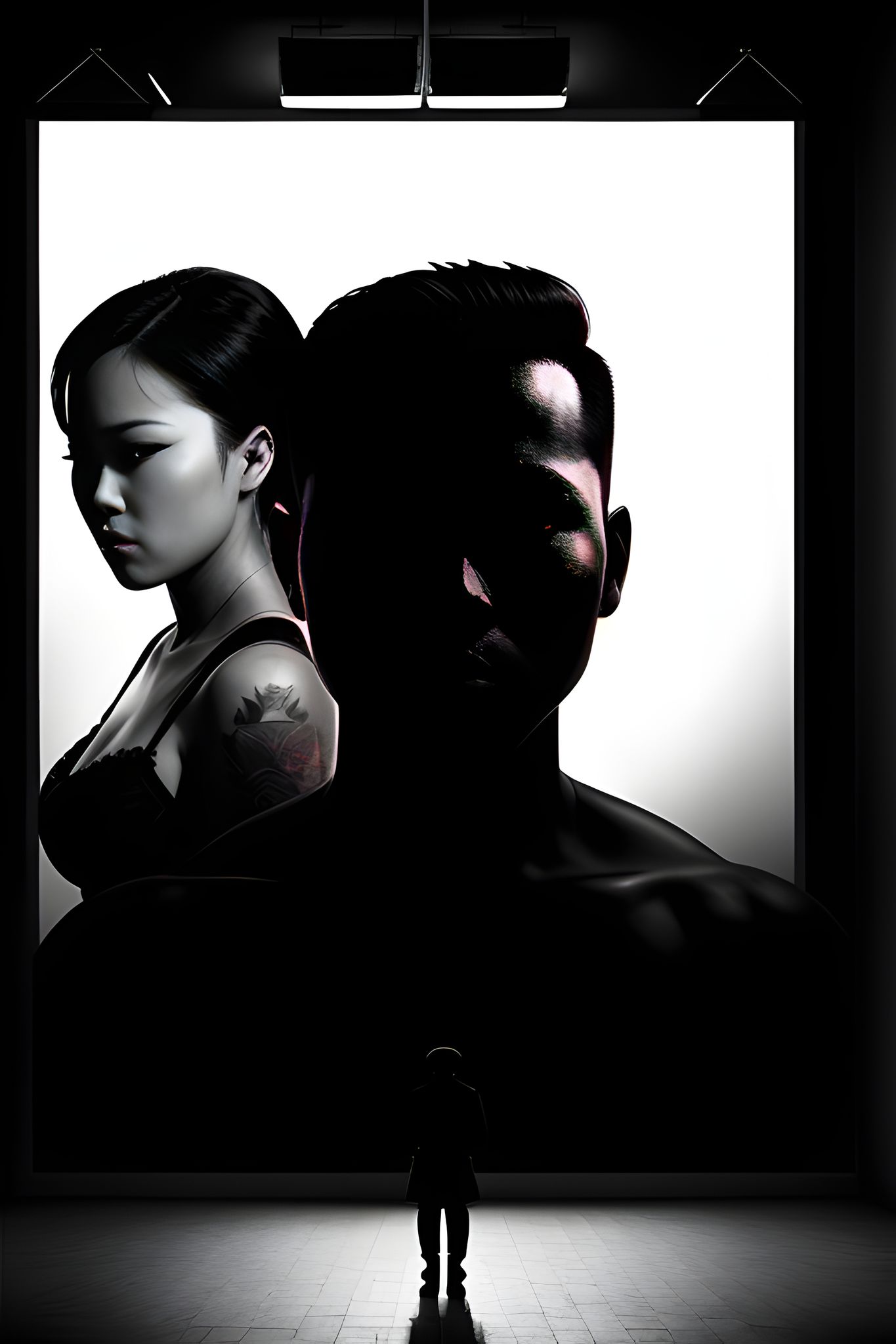 Large portrait of a young North Korean couple, viewed from a distance by a lone figure.