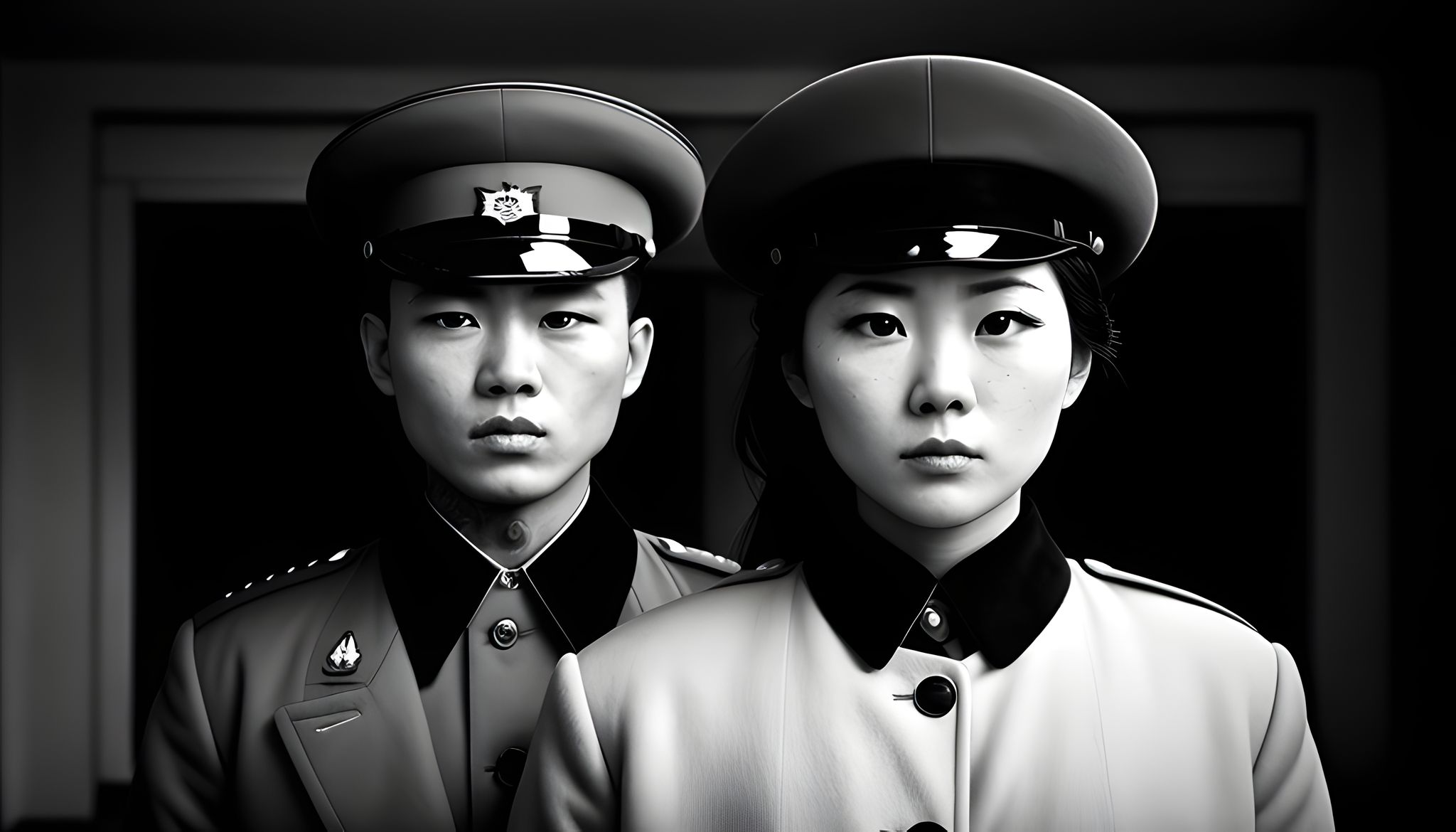 Black and white portrait of a young man and woman in North Korean military uniforms.
