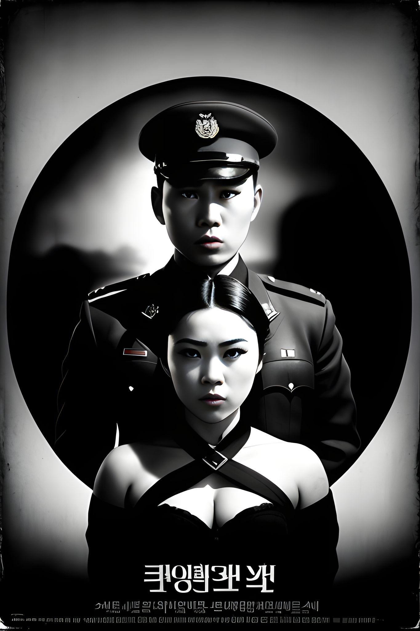 Black and white portrait of a North Korean soldier and a woman.