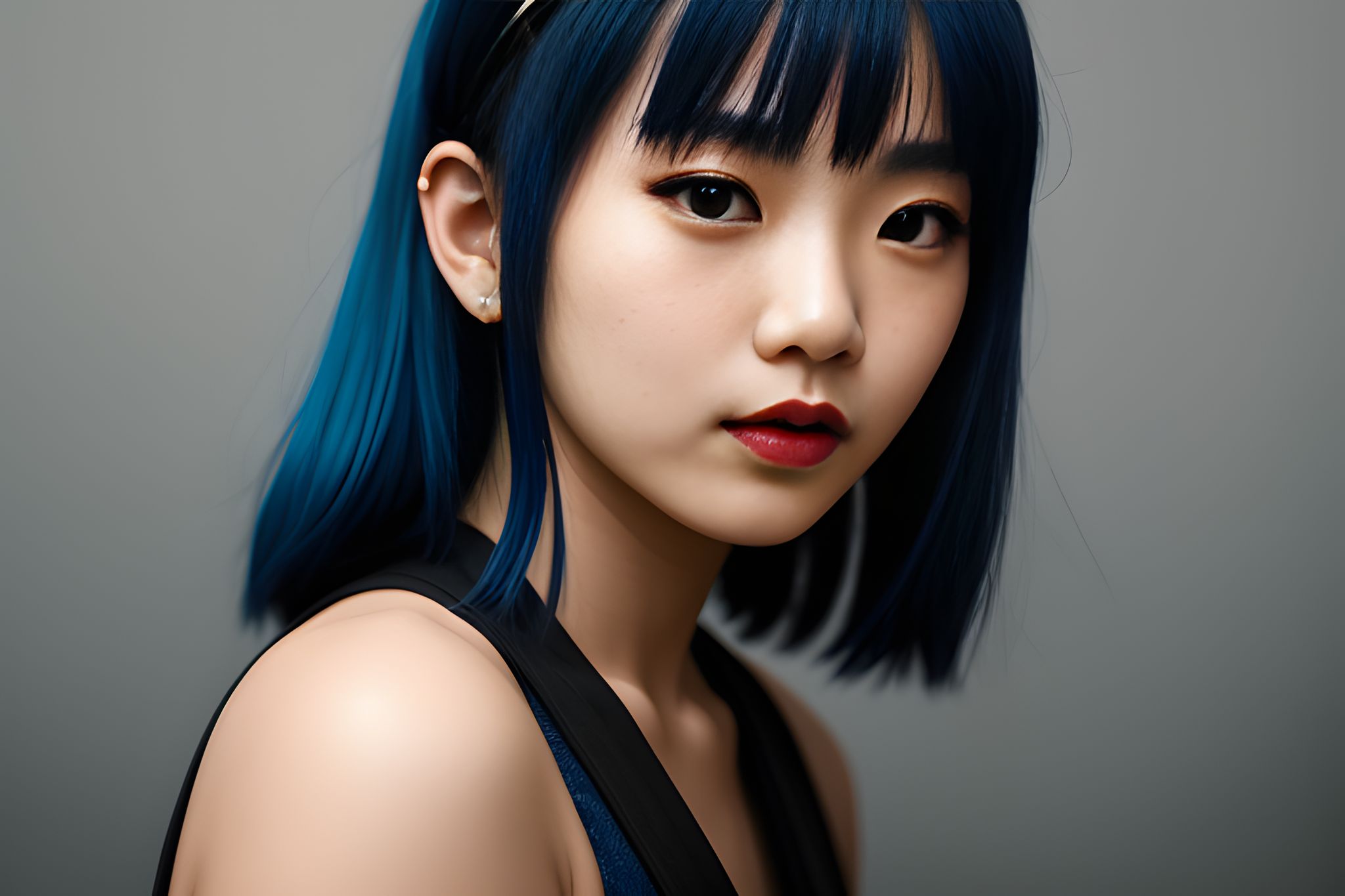 Portrait of a young Asian woman with short, blue hair.