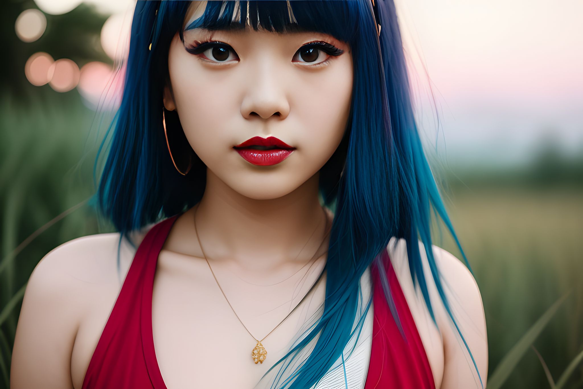 Portrait of a young Asian woman with teal hair, wearing a red top and gold necklace.