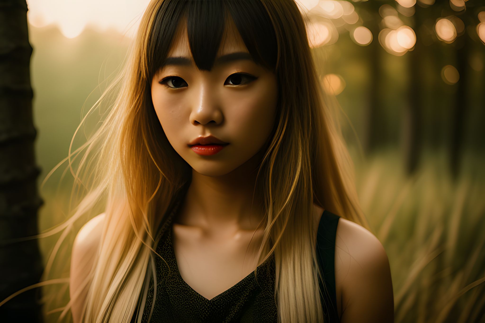 Portrait of a young Asian woman with long blond hair.