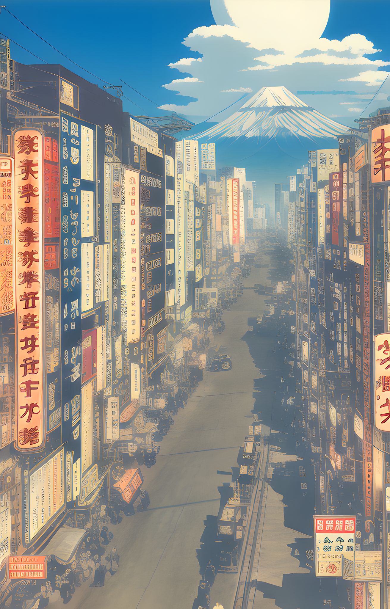 Anime-style illustration of a Japanese city street with Mount Fuji in the background.