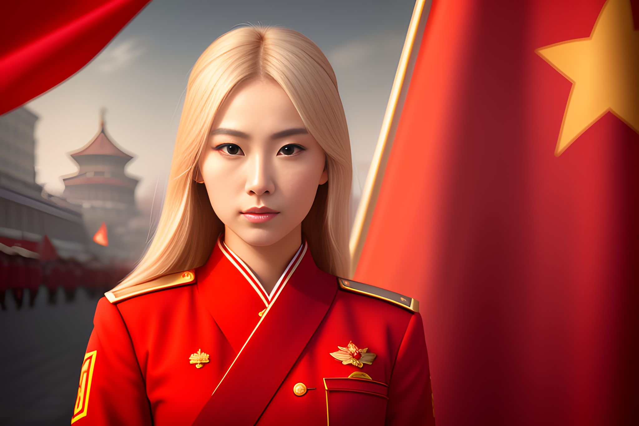 Blonde woman in red Chinese military uniform.