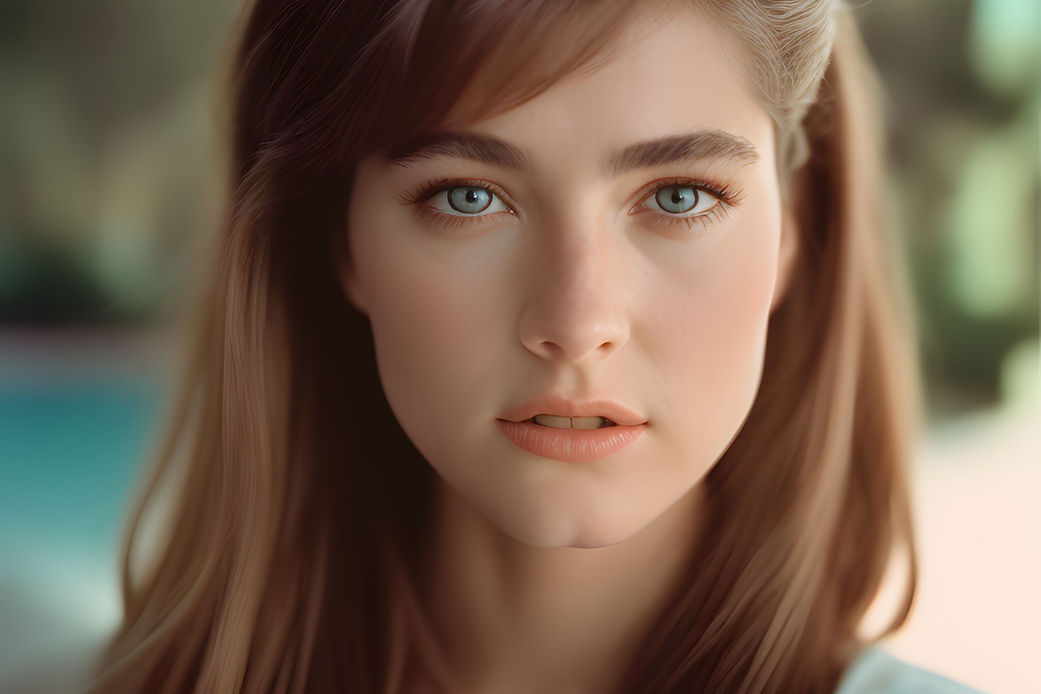 Close-up portrait of a woman with long brown hair and blue eyes.