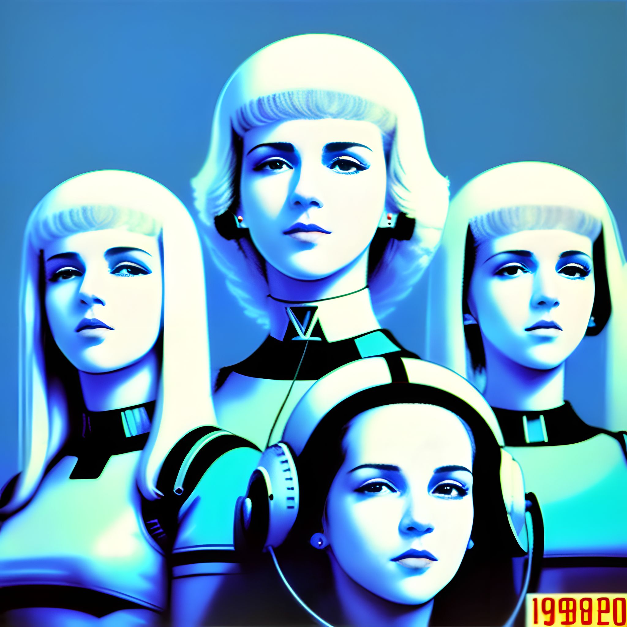 Album cover featuring four stylized cyborg women in a cool blue tone; one wears headphones.