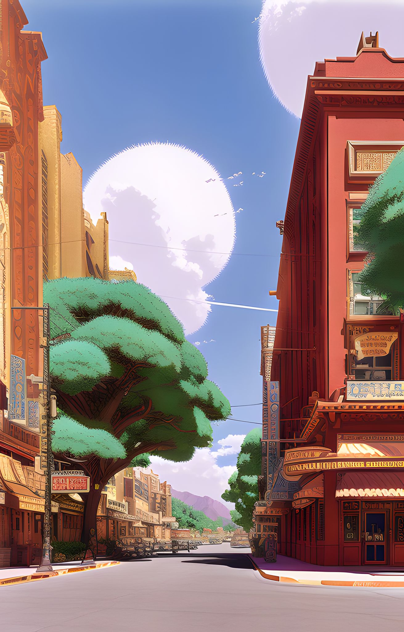 Illustration of a sunny California downtown street scene with stylized buildings and a large tree.