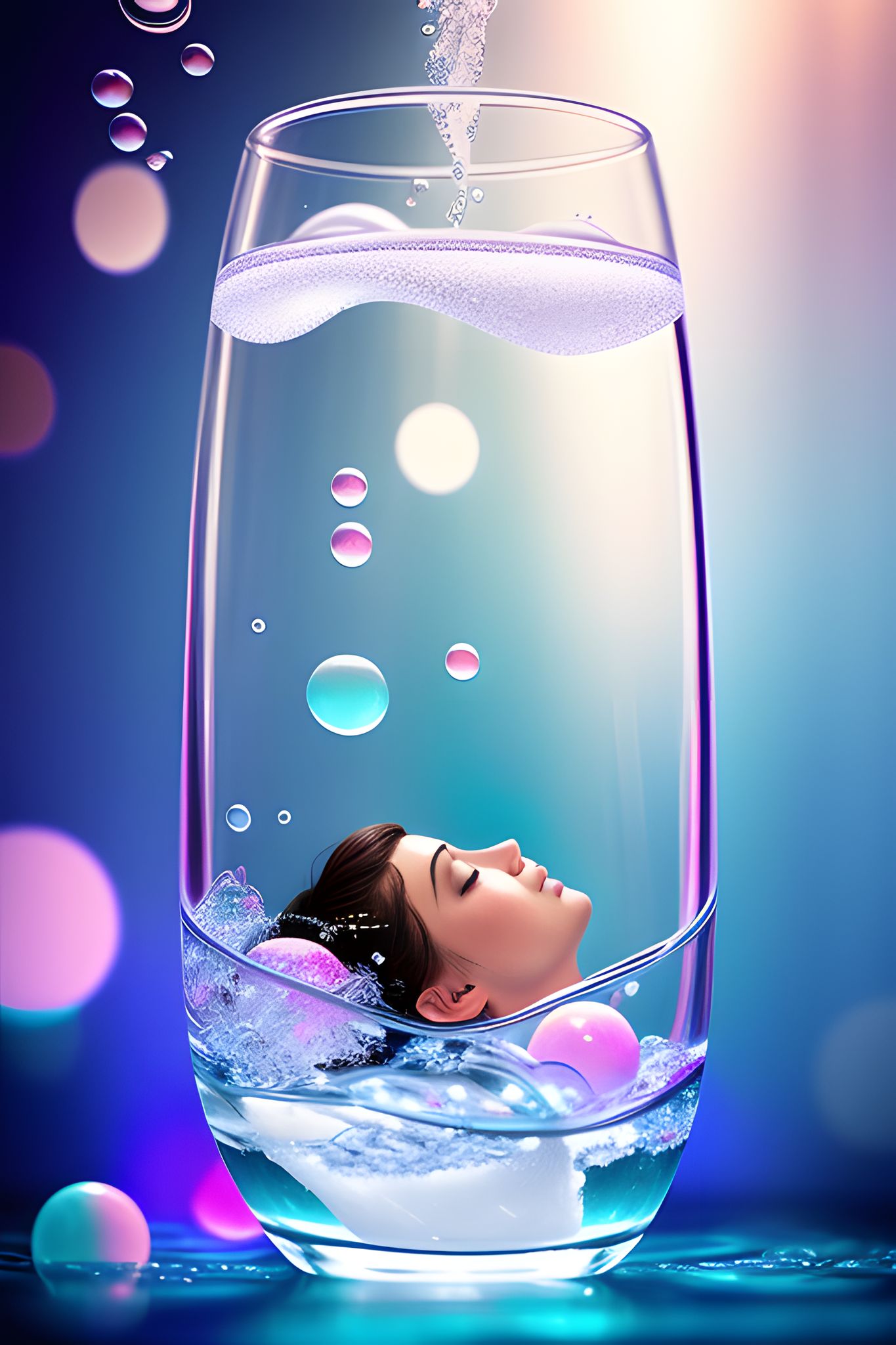 Woman's face submerged in a glass of water with bubbles.