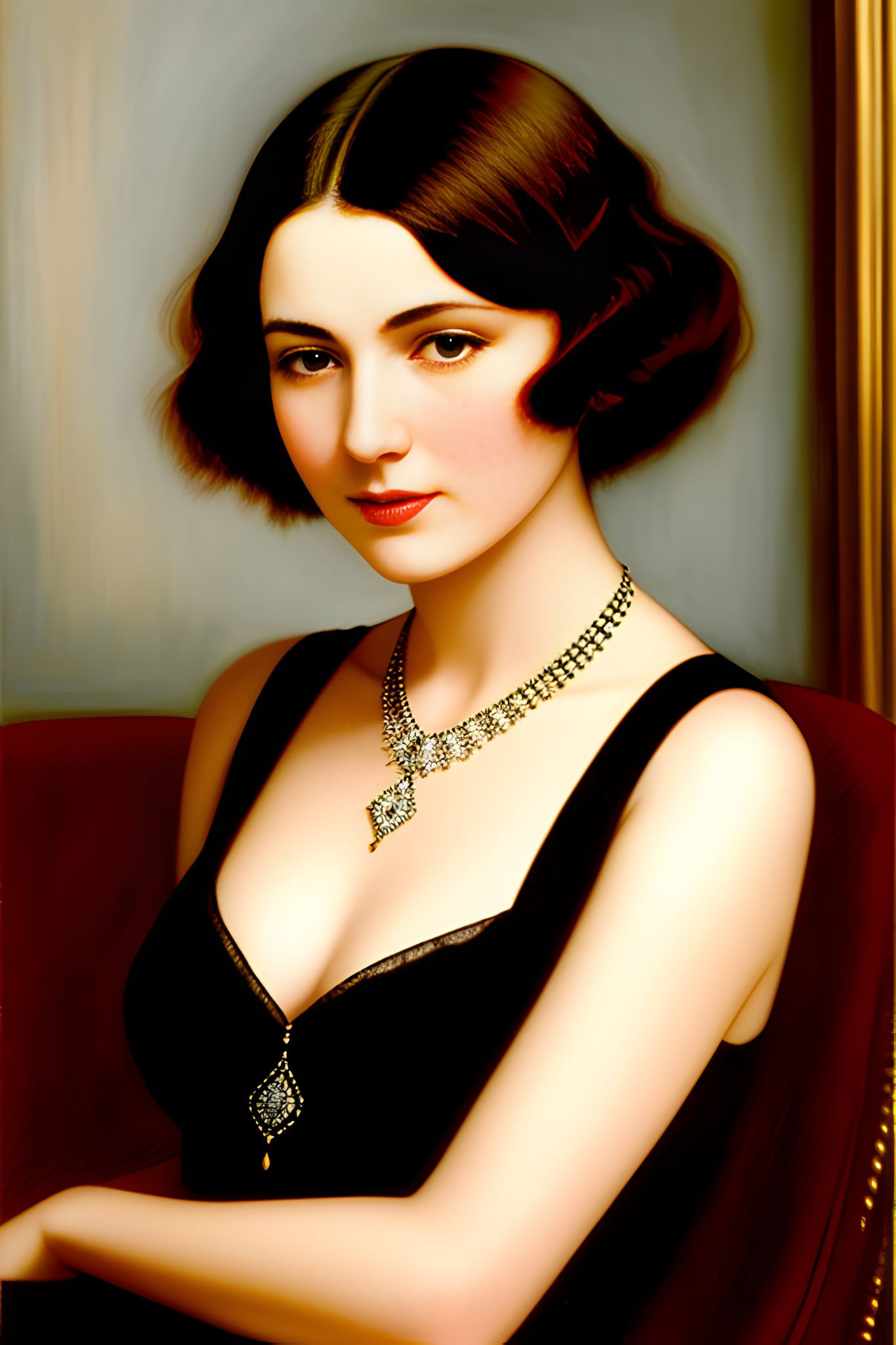 Portrait of a 1920s woman in a black dress, wearing a jeweled necklace.