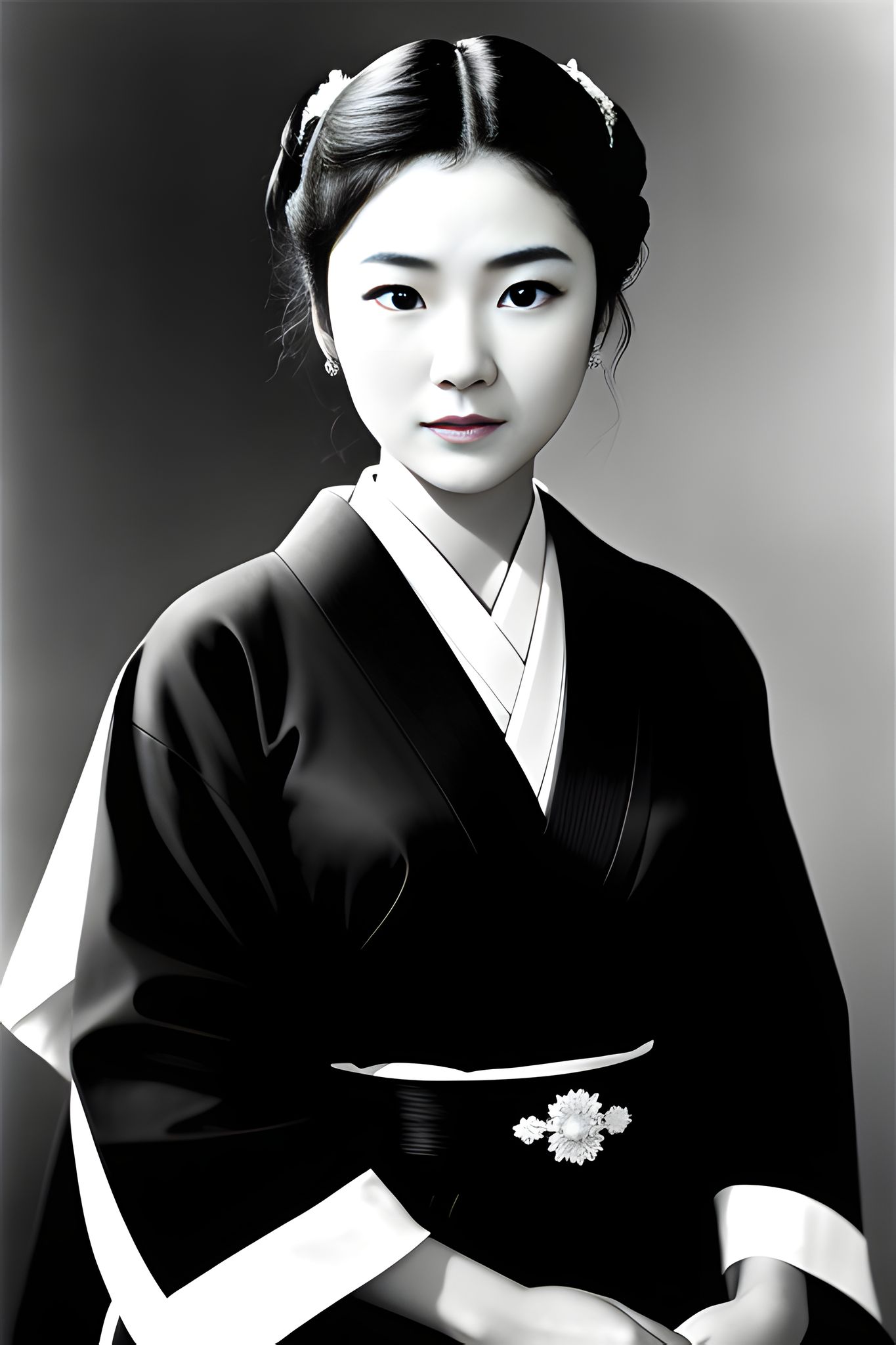 Black and white portrait of a Japanese actress in traditional clothing.