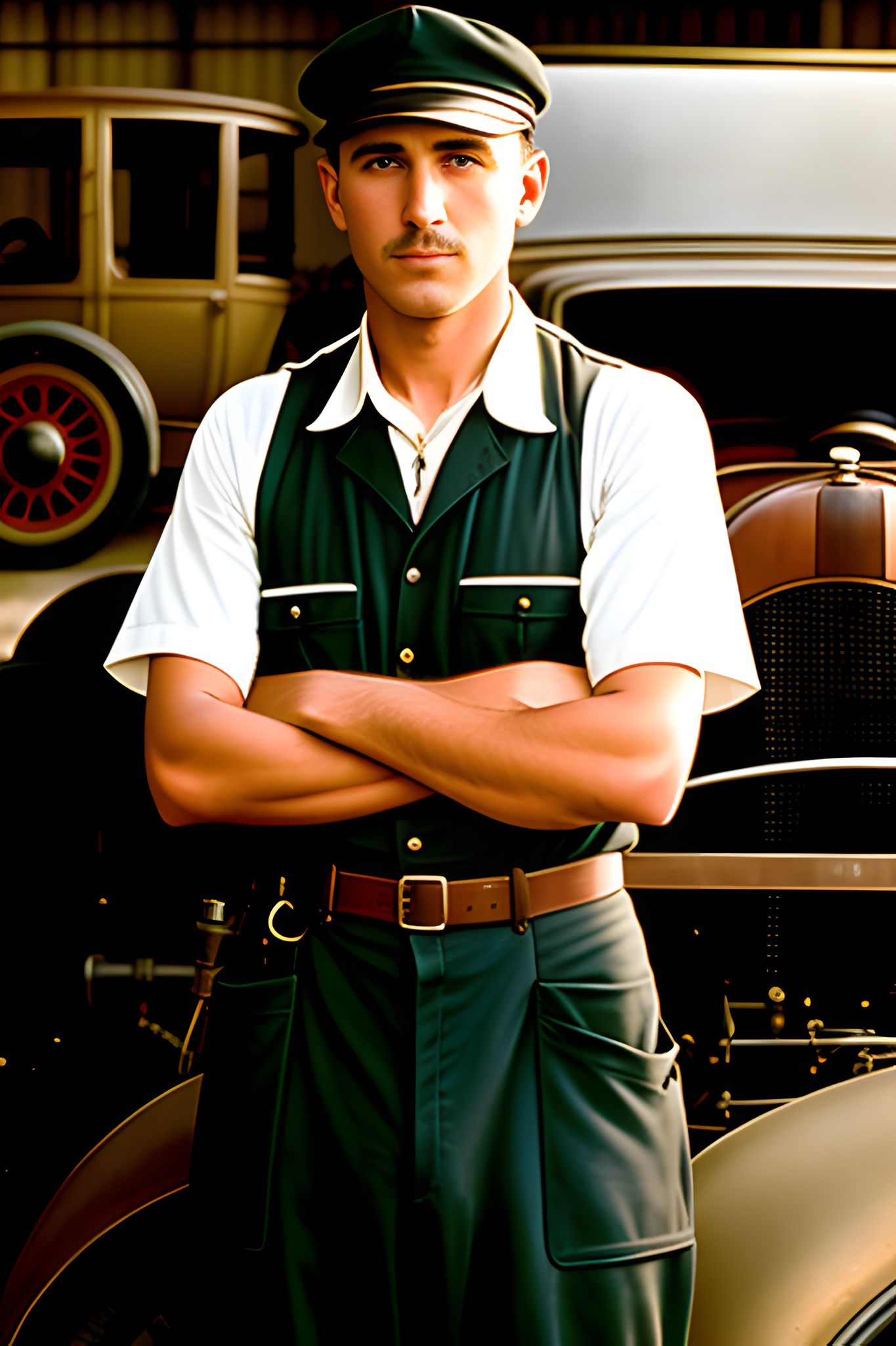 1920s mechanic in uniform, arms crossed, standing by vintage cars.