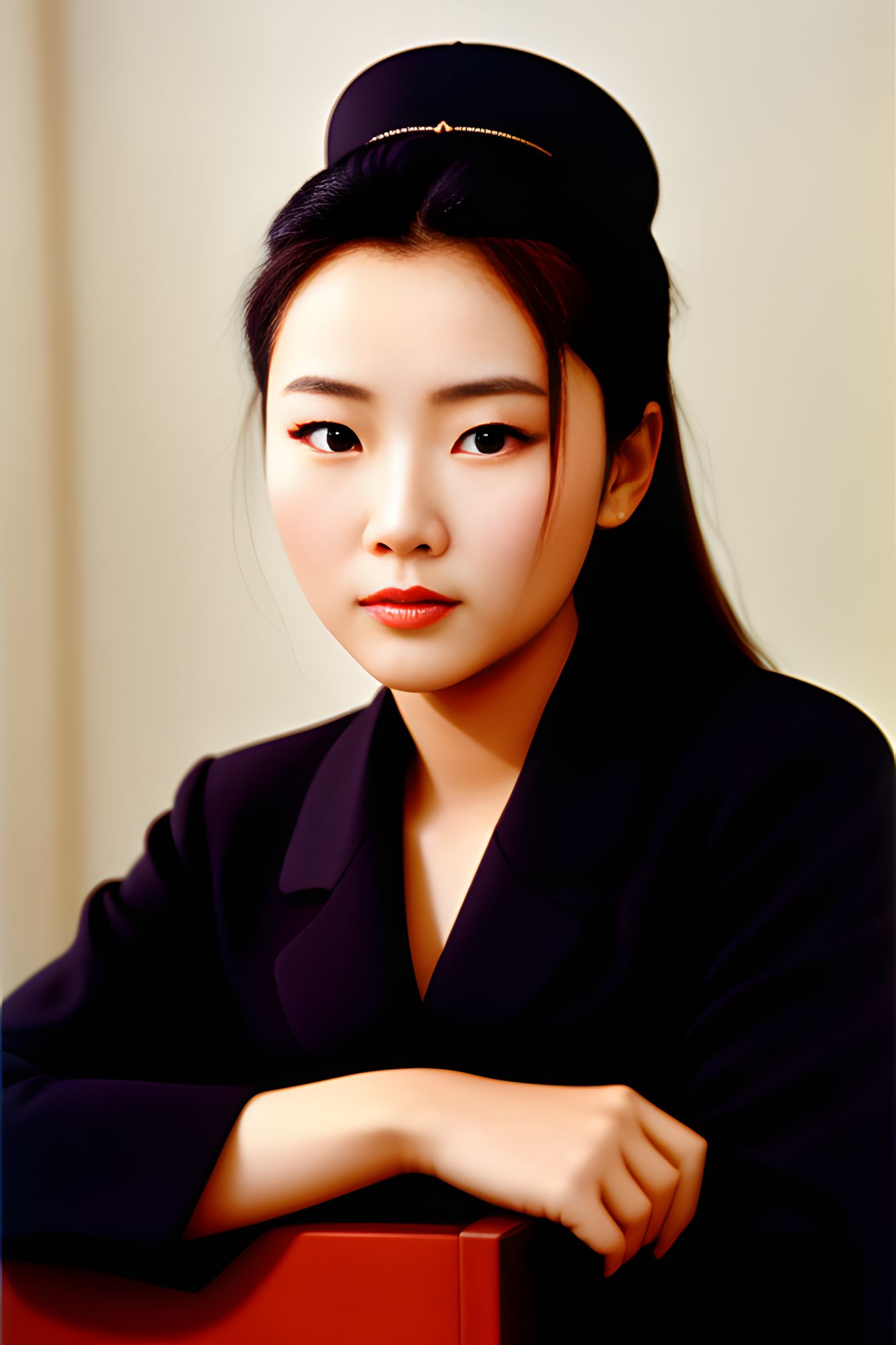 Portrait of a young North Korean actress wearing a dark jacket and traditional hairpiece.
