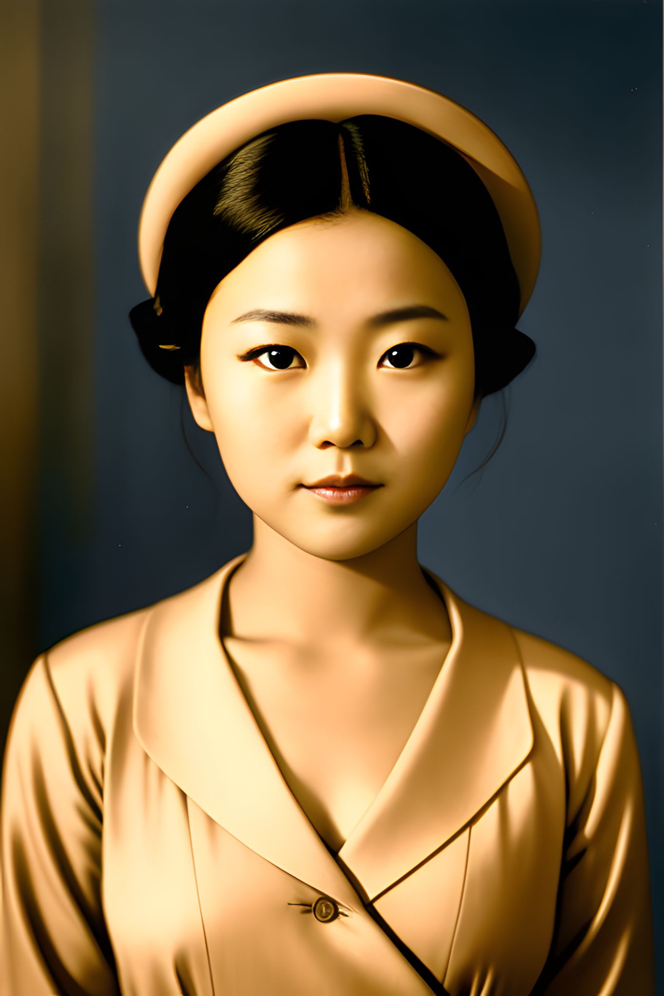 Portrait of a North Korean actress in a light beige dress and headband.
