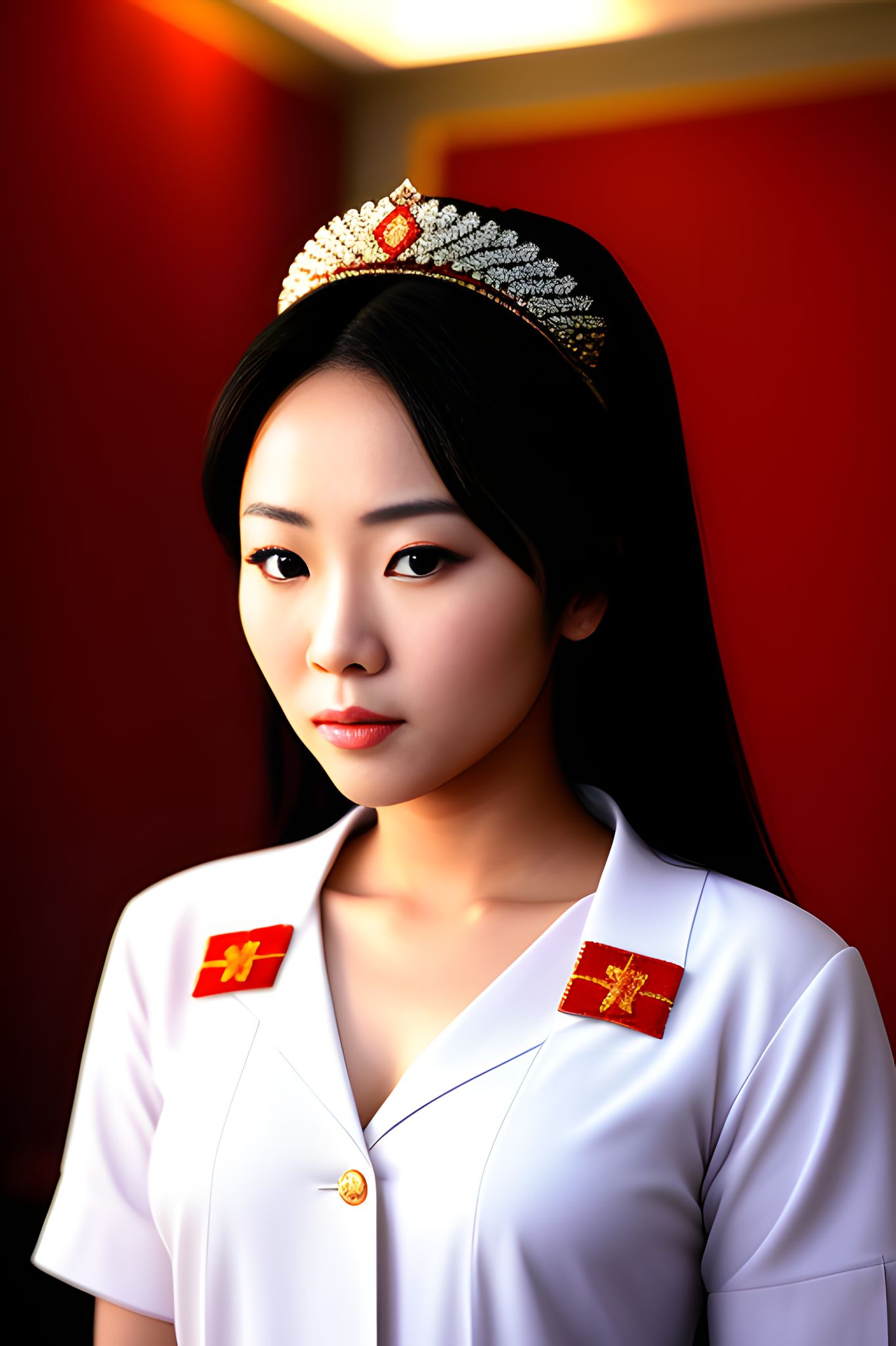 Portrait of a young North Korean actress wearing a white uniform and a tiara.