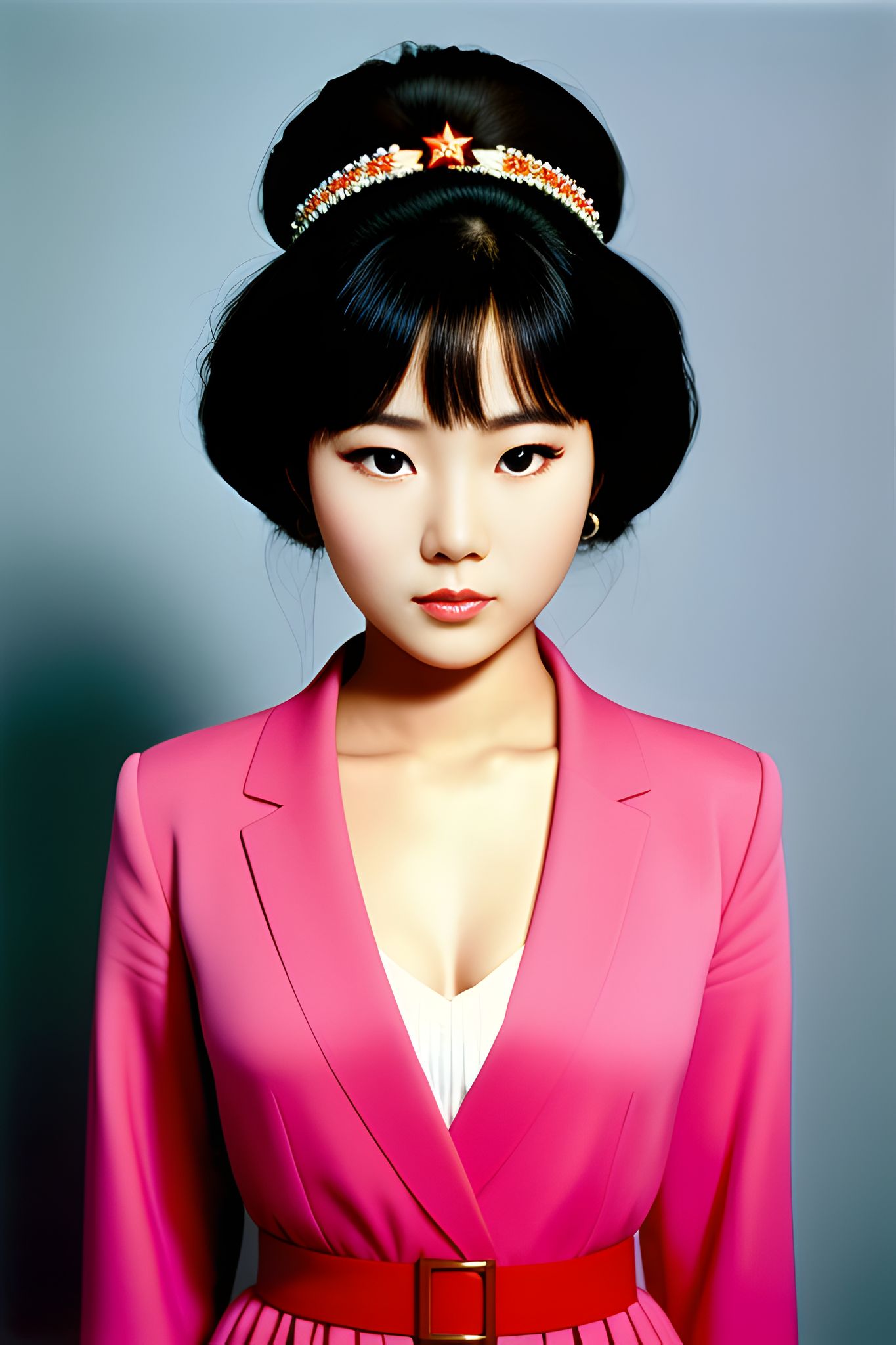 Portrait of a North Korean actress in a pink suit and star-shaped headpiece.