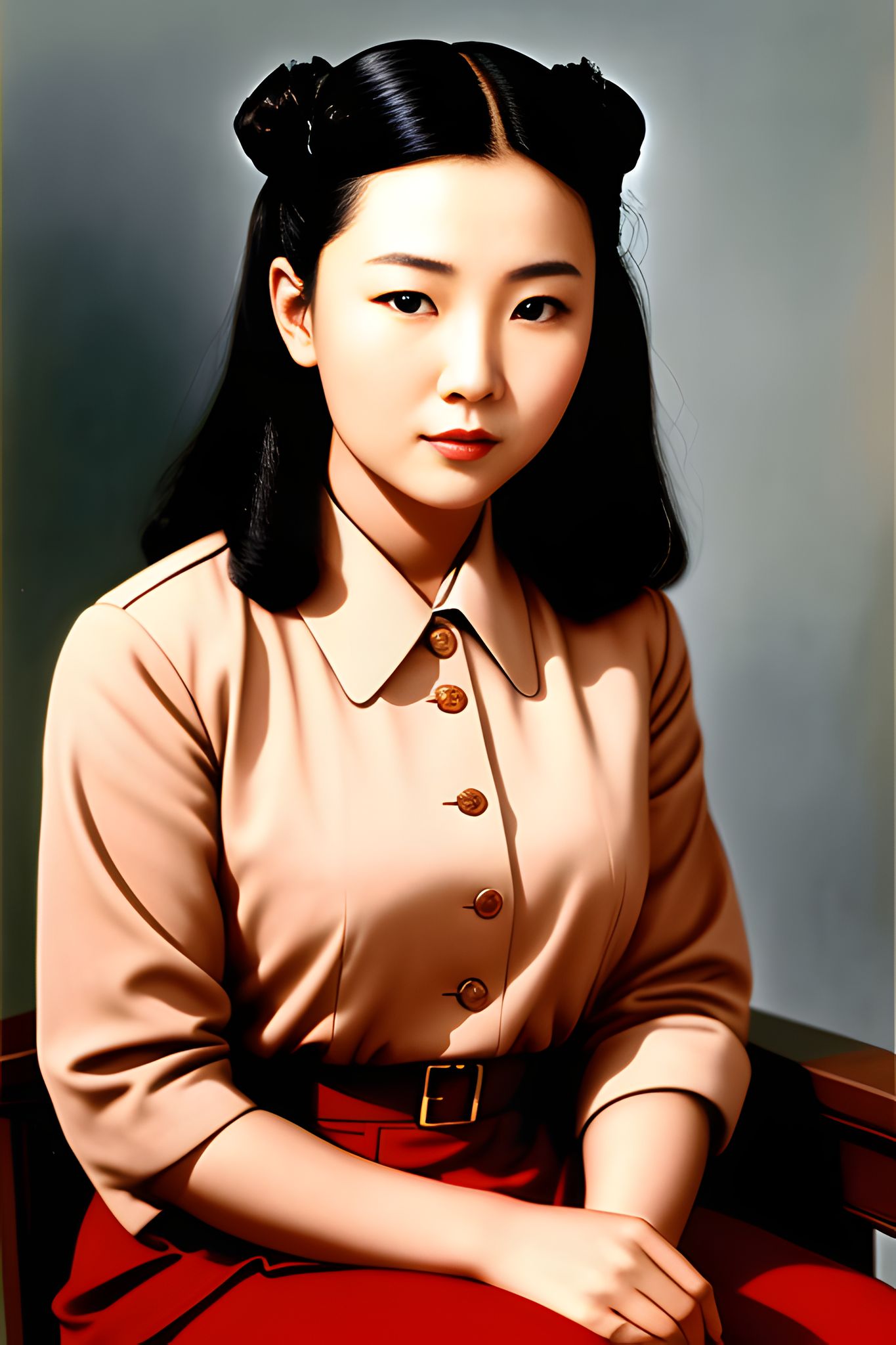 Portrait of a North Korean actress in a beige shirt and red skirt.