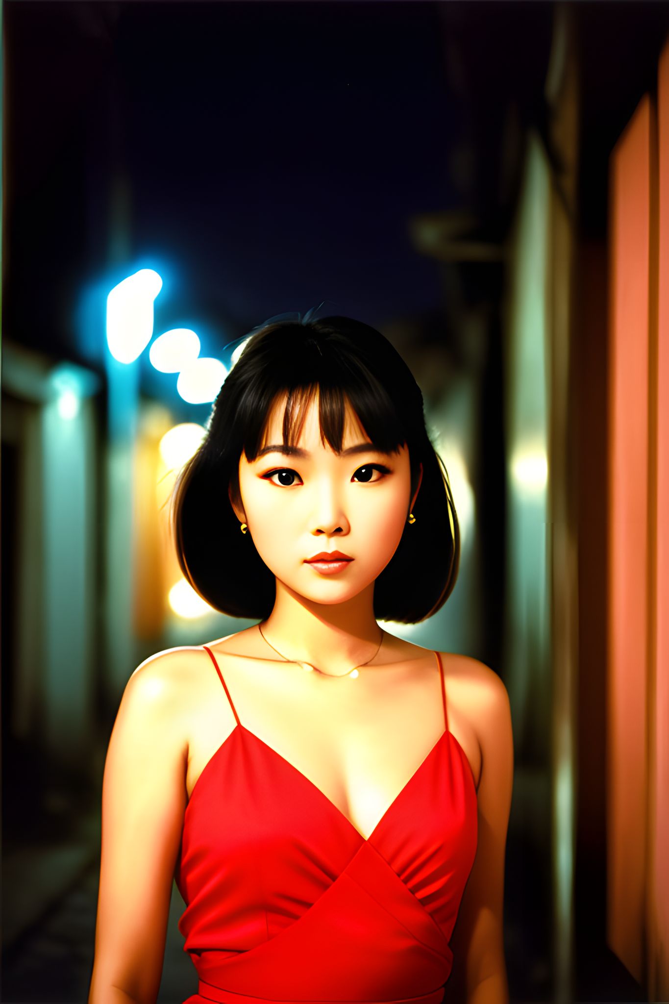 Portrait of a young North Korean actress in Singapore, wearing a red dress.