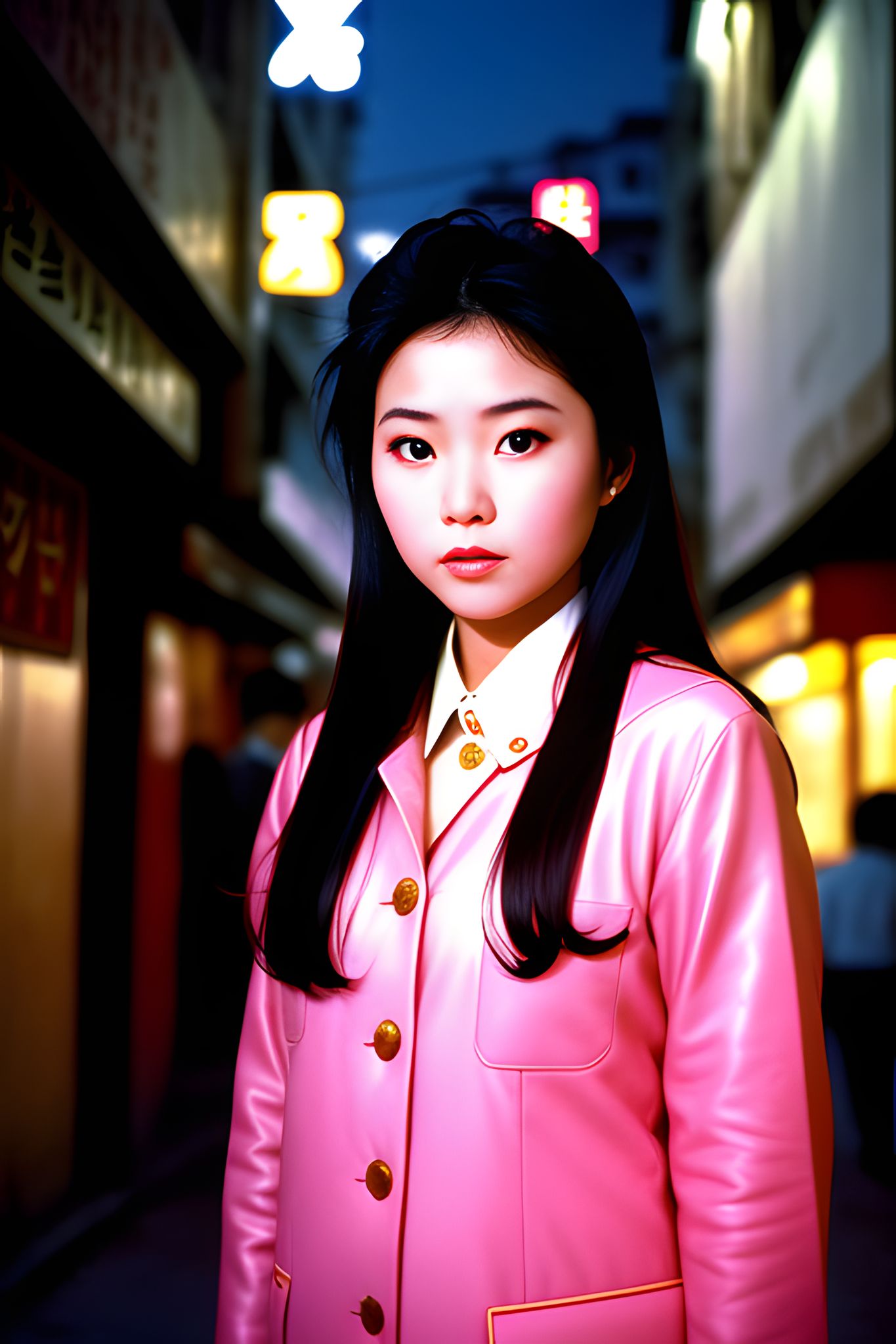 Portrait of a young North Korean actress in a pink coat, standing on a city street at night.