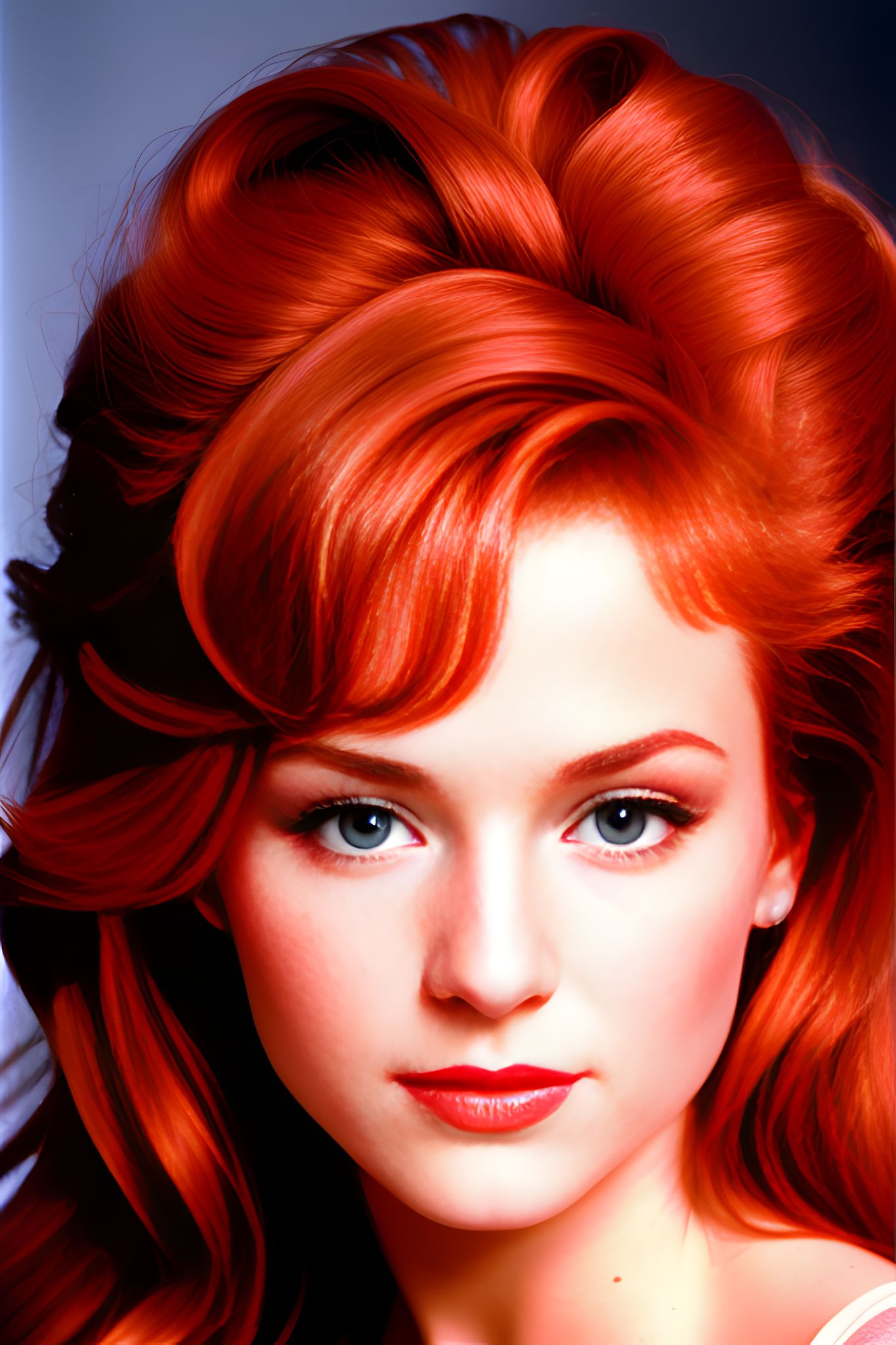 Close-up portrait of a redhead woman with styled hair.