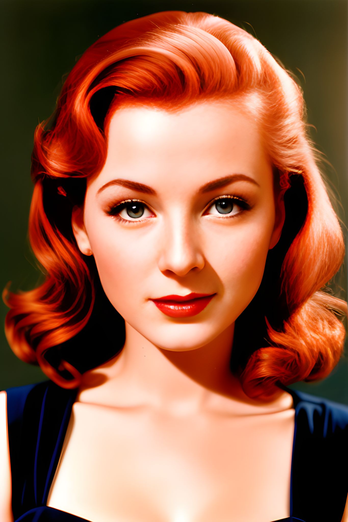 Portrait of a redhead actress in a dark blue dress.