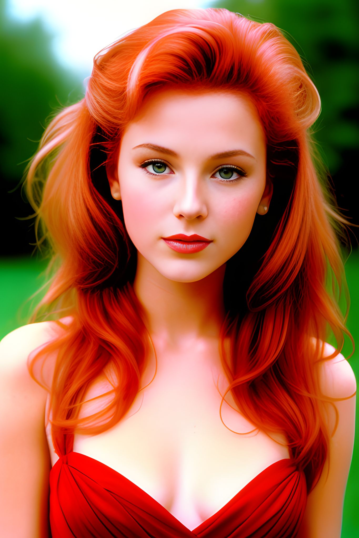 Portrait of a redhead woman in a red dress.