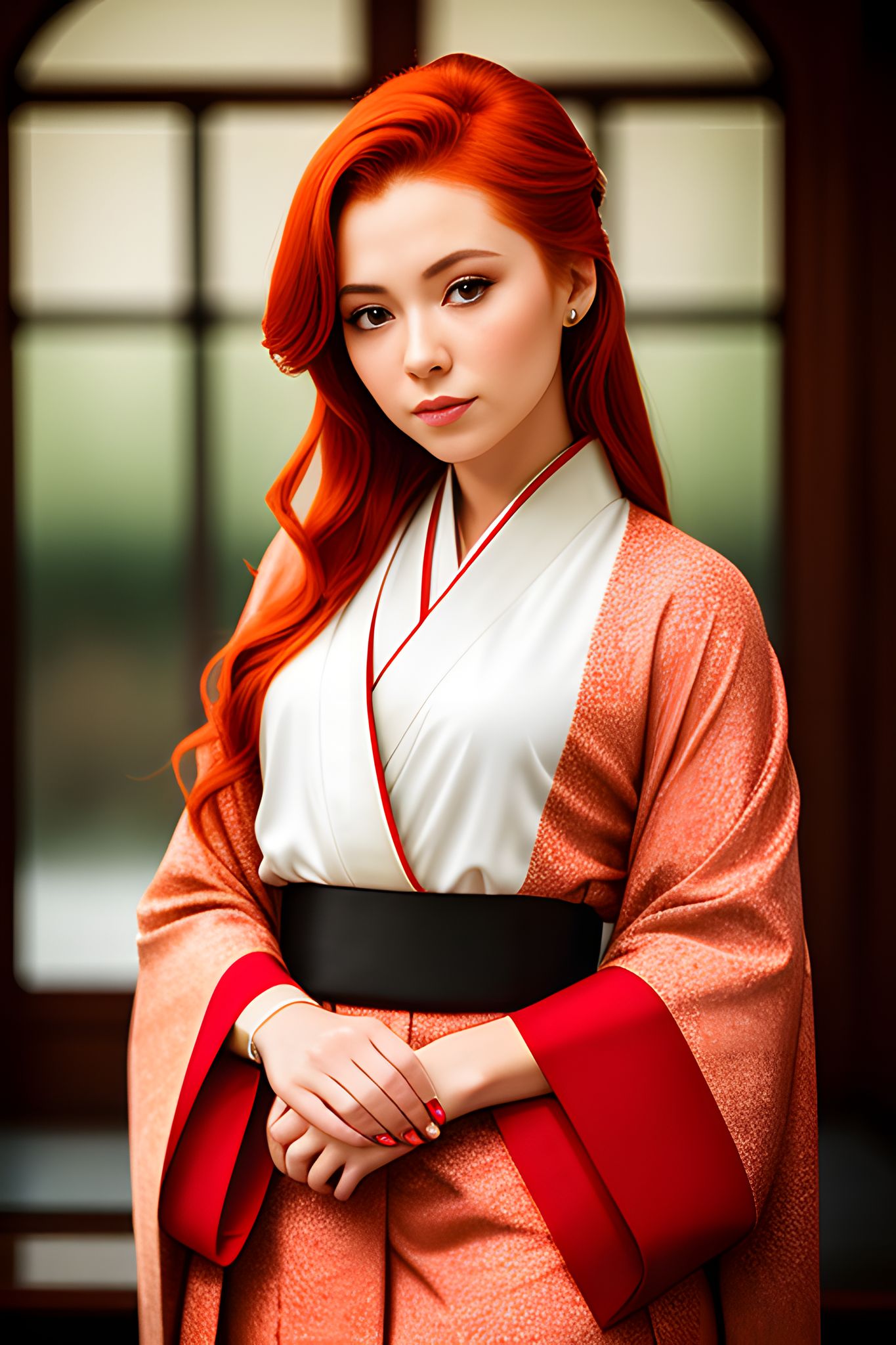 Portrait of a redhead woman in a peach kimono with red accents.