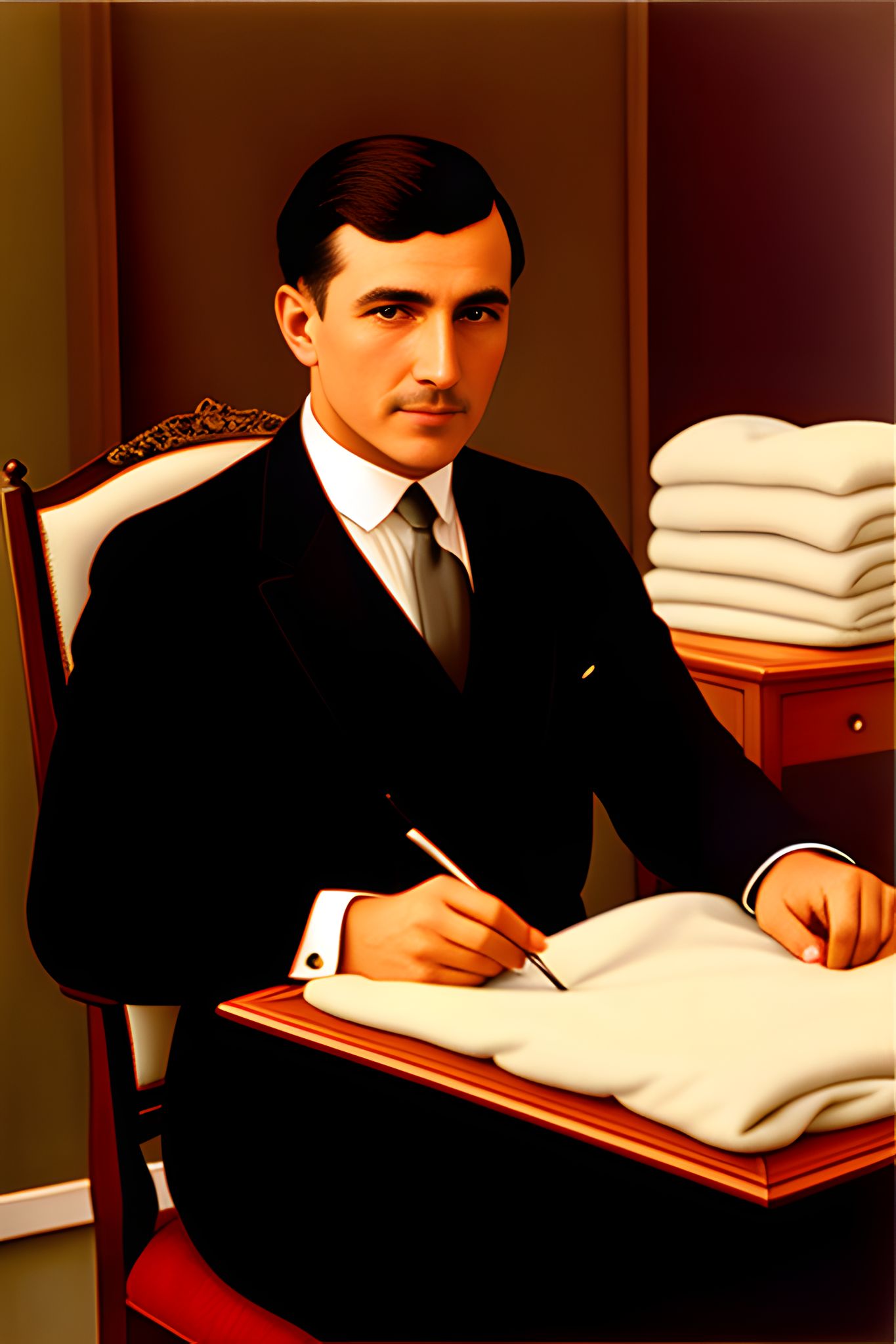 1920s portrait of a man in a suit writing at a desk.