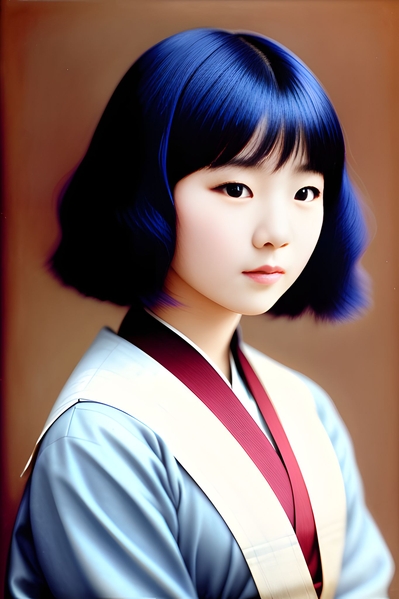 Portrait of a young girl with short, bright blue hair wearing a light blue kimono.