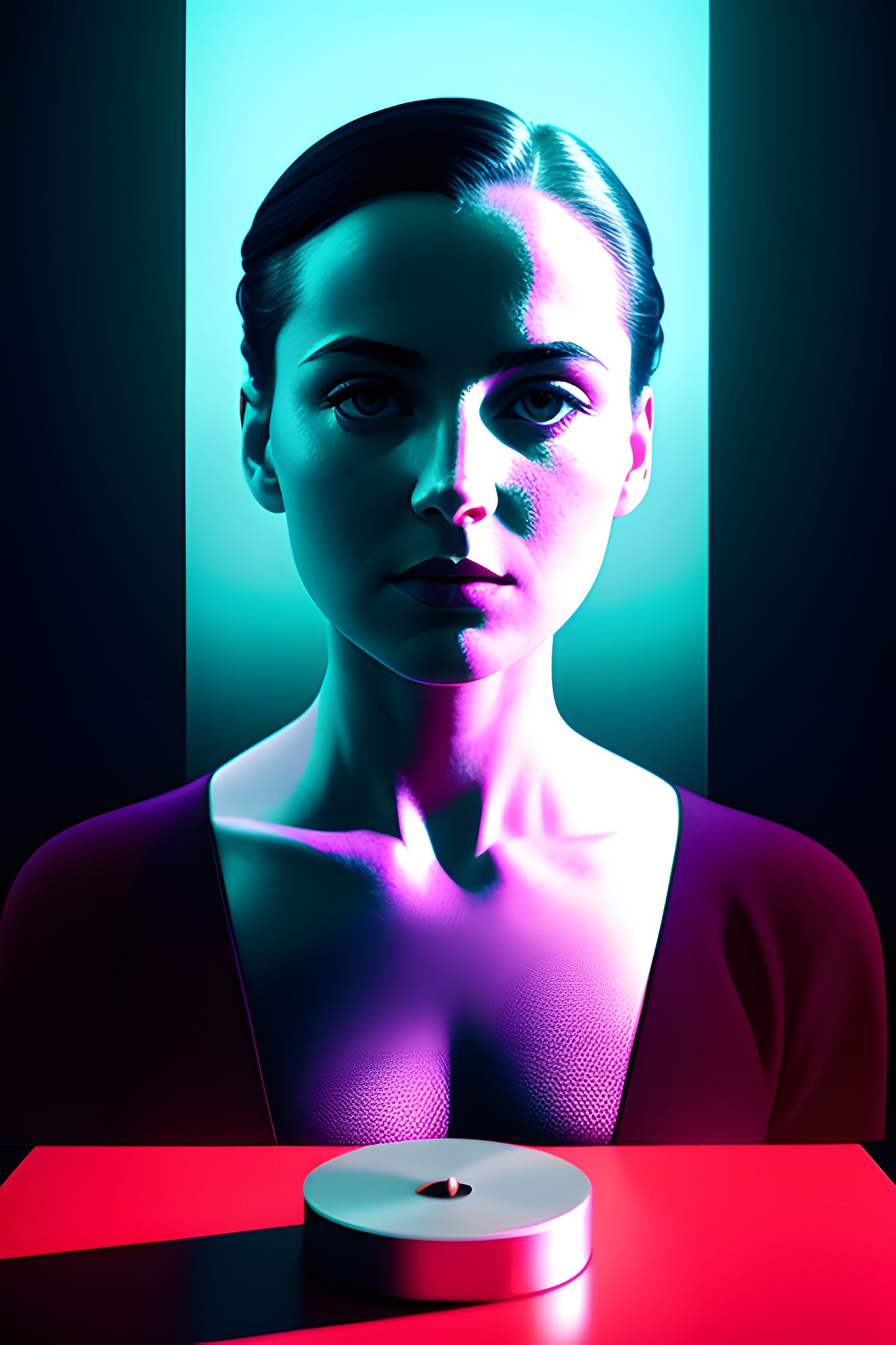 Woman's portrait, stylized with neon lighting, in front of a metallic puck.