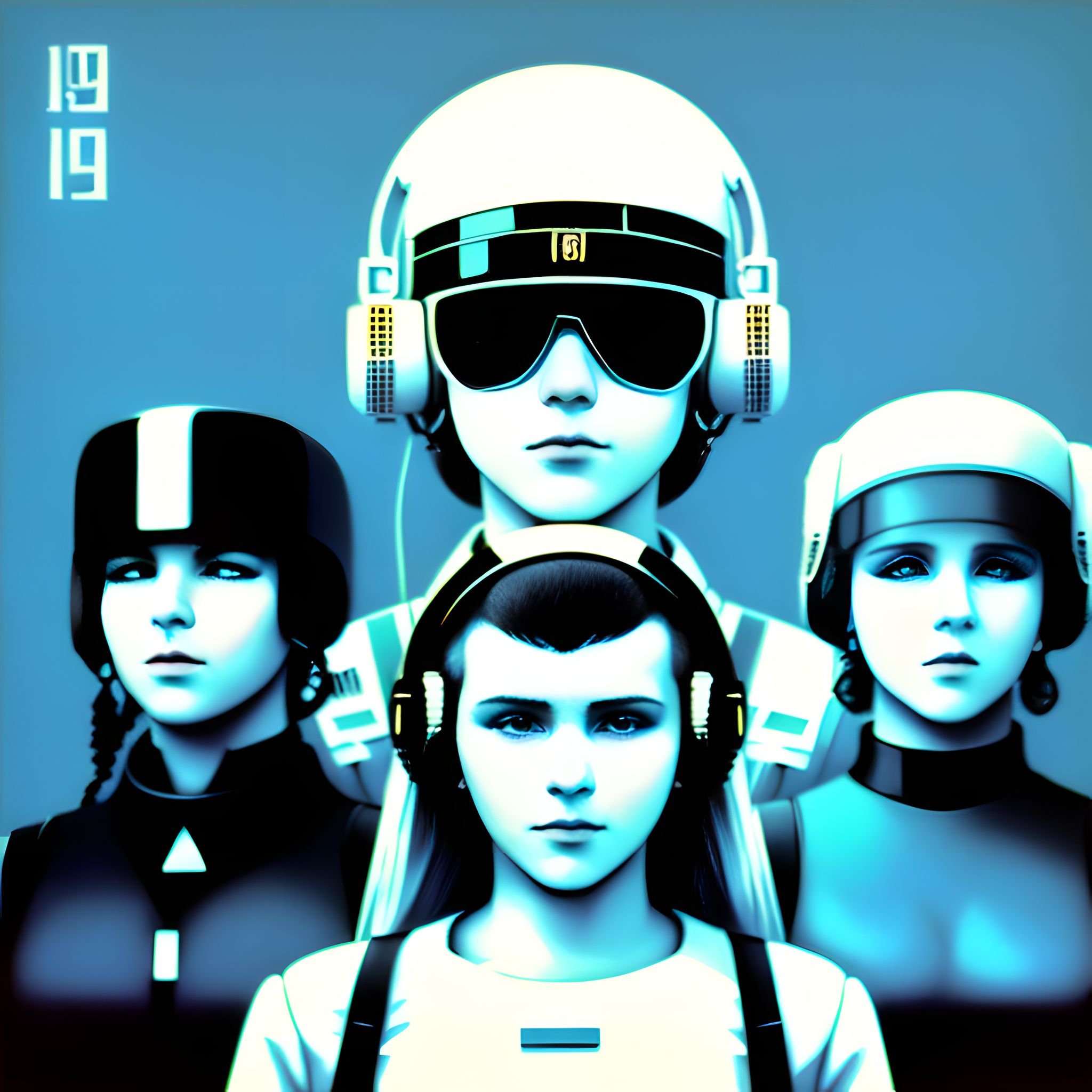 Four cyborgs wearing headphones and futuristic helmets, album cover art.